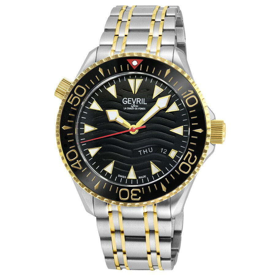 PRODUCT DETAILS Gevril Hudson Yards 腕時計 自動巻 ブラック文字盤 コンビベルト メンズ 48832B【商品仕様】・ ブランド：Gevril・ ムーブメント：自動巻（Sellita Caliber SW220-1）・ ケース素材：ステンレススチール・ ケース径：43 mm・ ケース厚：13 mm・ バンド素材：ステンレススチール（シルバー／イエローゴールドトーン）・ バンド幅：19 mm・ 文字盤色：ブラック・ 防水：300 meters / 1000 feet・ 風防：サファイアクリスタル・ その他：デイデイト表示、シースルーバック、ねじ込み式リューズ【特徴】・ 300mの防水性能を備えたHudson Yardsシリーズのダイバーズスタイルウォッチです。・ 逆回転防止機能付きのブラックセラミックベゼルを採用しています。・ 文字盤には曜日と日付を表示するデイデイト機能を搭載し、針とインデックスには蓄光塗料が施されています。・ ケース背面はムーブメントの動きを確認できるシースルーバック仕様です。・ 信頼性の高いスイス製Sellita SW220-1自動巻ムーブメントを搭載しています。 ■ 商品について 海外輸入品（説明書は英語表記の場合あり） ■ ご注意 ・掲載画像は実物に近い色味になるよう調整しておりますが、ご利用の環境により差異が生じる場合があります。・複数店舗で在庫を共有しているため、ご注文後に在庫切れとなる場合がございます。 ■ 納期について お届けの目安を必ずご確認ください。 海外正規ルート仕入れ品 海外ブランド ▼ 海外正規ブランド店 正規代理店 ▼ 当 店 ※本商品は並行輸入品です 製造元は正規品と同一のブランド・メーカーです。当店では海外正規ルートより仕入れた商品を取り扱っております。流通ルートが異なるのみで、商品自体に違いはございません。 ── 当店の商品について ── 正規品のみ取り扱い 海外正規店・正規代理店から商品を直接仕入れ、国内に輸入して販売しております。 日本未入荷・海外限定モデルも多数 日本未入荷・海外限定モデルも多数取り扱っております。サイズ・カラー違いや海外限定で販売された製品など、日本では手に入りにくいアイテムをお届けいたします。 お求めやすい価格の理由 海外市場での価格差や流通ルートの違いにより、国内販売価格よりお求めやすくなっております。品質はそのままに、よりお手頃な価格でお届けいたします。 安心保証 ご使用前に万が一、製品に不具合がございました場合は、交換または商品代金のご返金にて対応させていただきます。商品到着後5日以内にご連絡ください。 ご注意 海外からの輸入品となります。海外輸送のため、外箱に軽微なスレ等がある場合がございますが、商品本体には影響ございません。 ※在庫状況は仕入先の在庫情報をもとに出来る限り正確に表示しておりますが、取寄せ商品のため、タイミングによりご注文後に欠品・キャンセルとなる場合がございます。 お探しの商品がございましたら、お気軽にご相談ください。