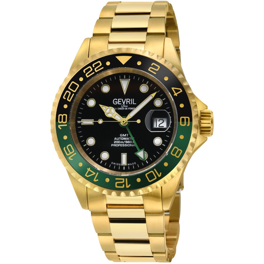 PRODUCT DETAILS Gevril Wall Street 腕時計 GMT ブラック文字盤 グリーン ブラックベゼル 自動巻 メンズ 4956A【商品仕様】・ ブランド：Gevril・ ムーブメント：自動巻（Sellita Caliber SW330 / 25石 / 28800 vph / パワーリザーブ約42時間）・ ケース素材：イエローゴールドトーン ステンレススチール・ ケース径：43 mm・ ケース厚さ：13 mm・ バンド素材：イエローゴールドトーン ステンレススチール・ バンド幅：20 mm・ 文字盤色：ブラック・ 防水性能：200 meters / 660 feet・ 風防：サファイアクリスタル（スクラッチ耐性）・ 付属品：箱、説明書等（製造時期により異なる場合がございます）【特徴】・ 第2時間帯を表示可能なGMT機能と、視認性を高める拡大窓付きの日付表示を搭載しています。・ 逆回転防止ベゼルには、グリーンとブラックのツートンカラーを採用しています。・ イエローゴールドトーンのケースとブレスレットに、ねじ込み式リューズを備えた200m防水仕様です。・ 高精度のスイス製 Sellita Caliber SW330 自動巻ムーブメントを採用しています。・ インデックスと針には蓄光塗料が施されており、暗所での視認性が確保されています。 ■ 商品について 海外輸入品（説明書は英語表記の場合あり） ■ ご注意 ・掲載画像は実物に近い色味になるよう調整しておりますが、ご利用の環境により差異が生じる場合があります。・複数店舗で在庫を共有しているため、ご注文後に在庫切れとなる場合がございます。 ■ 納期について お届けの目安を必ずご確認ください。 海外正規ルート仕入れ品 海外ブランド ▼ 海外正規ブランド店 正規代理店 ▼ 当 店 ※本商品は並行輸入品です 製造元は正規品と同一のブランド・メーカーです。当店では海外正規ルートより仕入れた商品を取り扱っております。流通ルートが異なるのみで、商品自体に違いはございません。 ── 当店の商品について ── 正規品のみ取り扱い 海外正規店・正規代理店から商品を直接仕入れ、国内に輸入して販売しております。 日本未入荷・海外限定モデルも多数 日本未入荷・海外限定モデルも多数取り扱っております。サイズ・カラー違いや海外限定で販売された製品など、日本では手に入りにくいアイテムをお届けいたします。 お求めやすい価格の理由 海外市場での価格差や流通ルートの違いにより、国内販売価格よりお求めやすくなっております。品質はそのままに、よりお手頃な価格でお届けいたします。 安心保証 ご使用前に万が一、製品に不具合がございました場合は、交換または商品代金のご返金にて対応させていただきます。商品到着後5日以内にご連絡ください。 ご注意 海外からの輸入品となります。海外輸送のため、外箱に軽微なスレ等がある場合がございますが、商品本体には影響ございません。 ※在庫状況は仕入先の在庫情報をもとに出来る限り正確に表示しておりますが、取寄せ商品のため、タイミングによりご注文後に欠品・キャンセルとなる場合がございます。 お探しの商品がございましたら、お気軽にご相談ください。