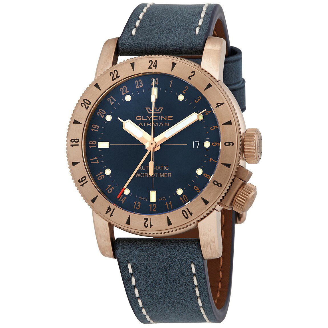 Glycine Airman 腕時計 ダークブルー文字盤 自動巻 メンズ ブロンズケース レザーバンド GL0167