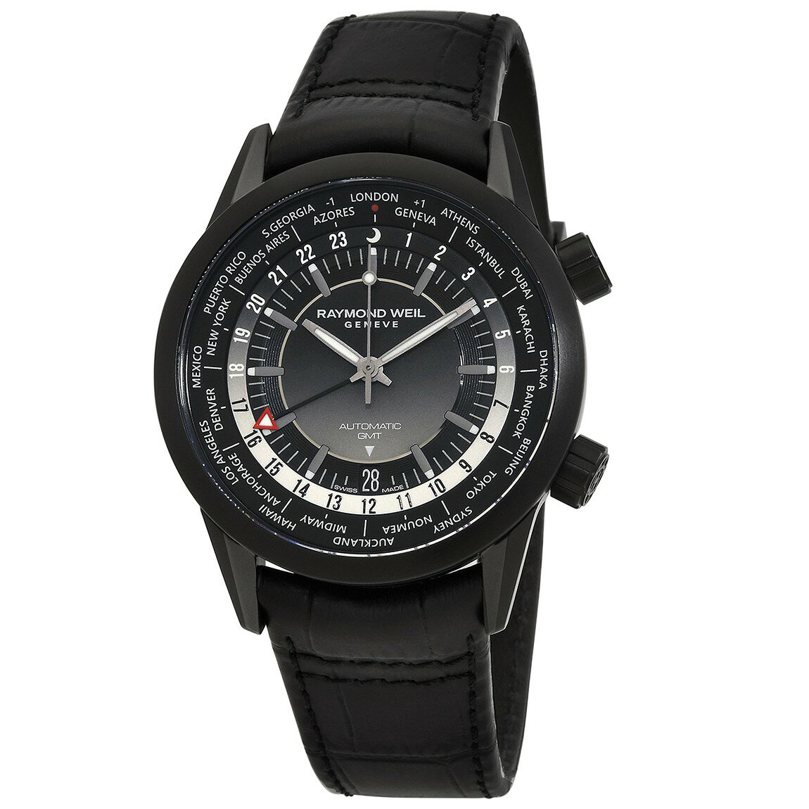Raymond Weil Freelancer GMT Automatic 腕時計 ブラック文字盤 レザーベルト メンズ 2765-BKC-20001