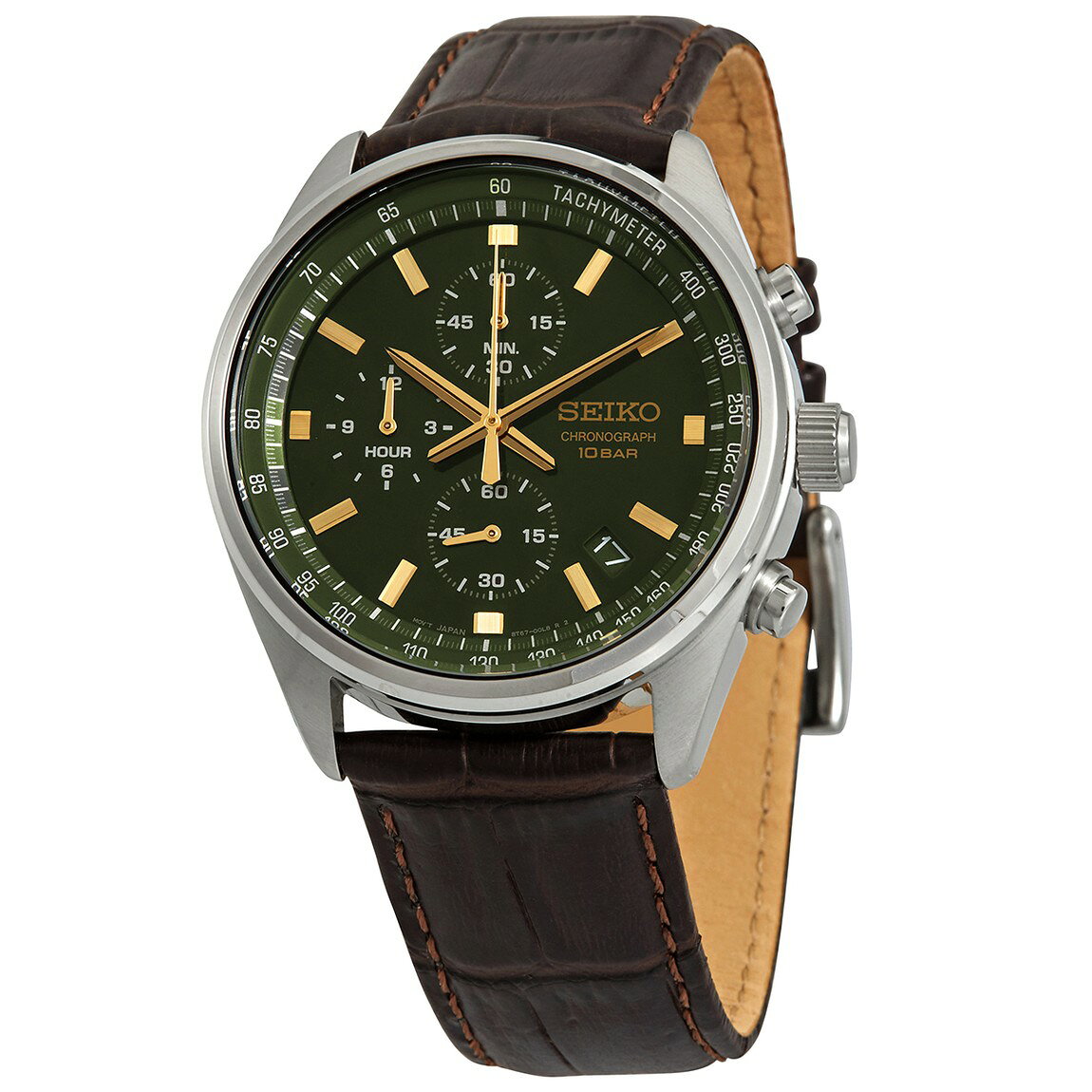 Seiko Chronograph 腕時計 グリーン文字盤 クオーツ メンズ ブラウンレザー SSB385
