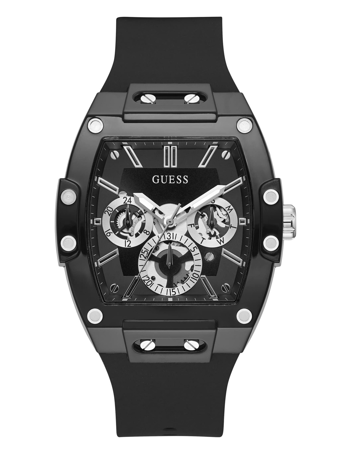 GUESS ゲス 腕時計 メンズ マルチファンクション ブラック・シルバー ブラック文字盤 シリコン・レザーバンド GW0203G3