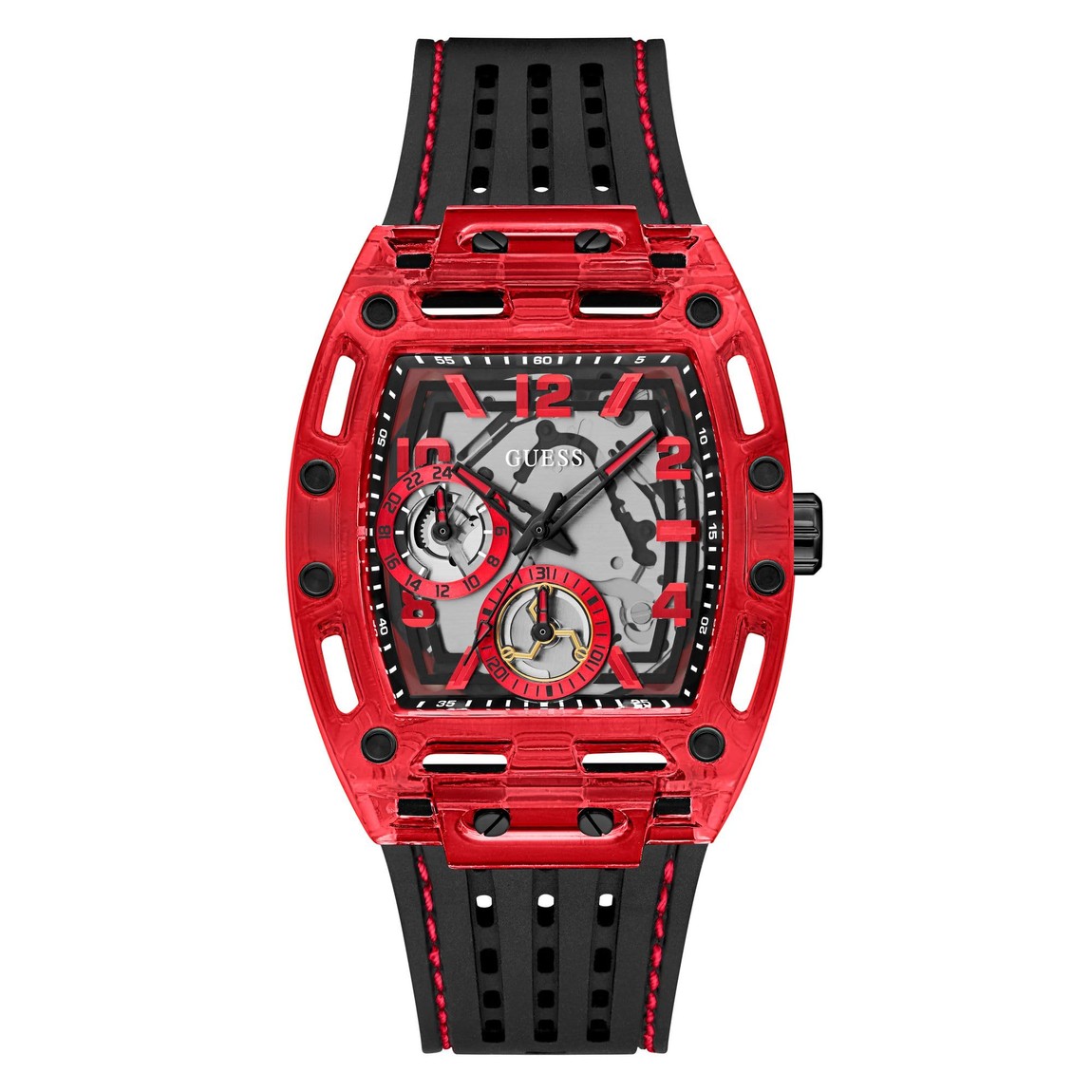 PRODUCT DETAILS GUESS ゲス 腕時計 メンズ クオーツ レッドケース ブラック文字盤 ブラックストラップ 41mm【商品仕様】・ ムーブメント：クオーツ・ ケース径：41mm・ 風防：ミネラルガラス・ 文字盤色：ブラック・ バンドカラー：ブラック・ 防水：50m（5気圧）【特徴】・ 鮮やかなレッドカラーのケースが目を引く41mm径のメンズウォッチです。・ ブラックの文字盤とストラップを組み合わせたコントラストの強いデザインです。・ 風防には耐久性に優れたミネラルガラスを採用しています。・ 50m（5気圧）の防水性能を備えており、日常生活での水濡れに対応します。 ■ 商品について 海外輸入品（説明書は英語表記の場合あり） ■ ご注意 ・掲載画像は実物に近い色味になるよう調整しておりますが、ご利用の環境により差異が生じる場合があります。・複数店舗で在庫を共有しているため、ご注文後に在庫切れとなる場合がございます。 ■ 納期について お届けの目安を必ずご確認ください。 海外正規ルート仕入れ品 海外ブランド ▼ 海外正規ブランド店 正規代理店 ▼ 当 店 ※本商品は並行輸入品です 製造元は正規品と同一のブランド・メーカーです。当店では海外正規ルートより仕入れた商品を取り扱っております。流通ルートが異なるのみで、商品自体に違いはございません。 ── 当店の商品について ── 正規品のみ取り扱い 海外正規店・正規代理店から商品を直接仕入れ、国内に輸入して販売しております。 日本未入荷・海外限定モデルも多数 日本未入荷・海外限定モデルも多数取り扱っております。サイズ・カラー違いや海外限定で販売された製品など、日本では手に入りにくいアイテムをお届けいたします。 お求めやすい価格の理由 海外市場での価格差や流通ルートの違いにより、国内販売価格よりお求めやすくなっております。品質はそのままに、よりお手頃な価格でお届けいたします。 安心保証 ご使用前に万が一、製品に不具合がございました場合は、交換または商品代金のご返金にて対応させていただきます。商品到着後5日以内にご連絡ください。 ご注意 海外からの輸入品となります。海外輸送のため、外箱に軽微なスレ等がある場合がございますが、商品本体には影響ございません。 ※在庫状況は仕入先の在庫情報をもとに出来る限り正確に表示しておりますが、取寄せ商品のため、タイミングによりご注文後に欠品・キャンセルとなる場合がございます。 お探しの商品がございましたら、お気軽にご相談ください。