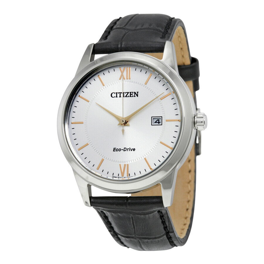 Citizenシチズン腕時計 逆輸入 Eco Drive シルバー ダイヤル ブラック レザー メン...