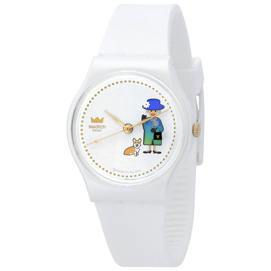 Swatch スウォッチ 腕時計 ユニセックス ホワイト クォーツ 文字盤に女王とコーギーのデザイン シリコンバンド