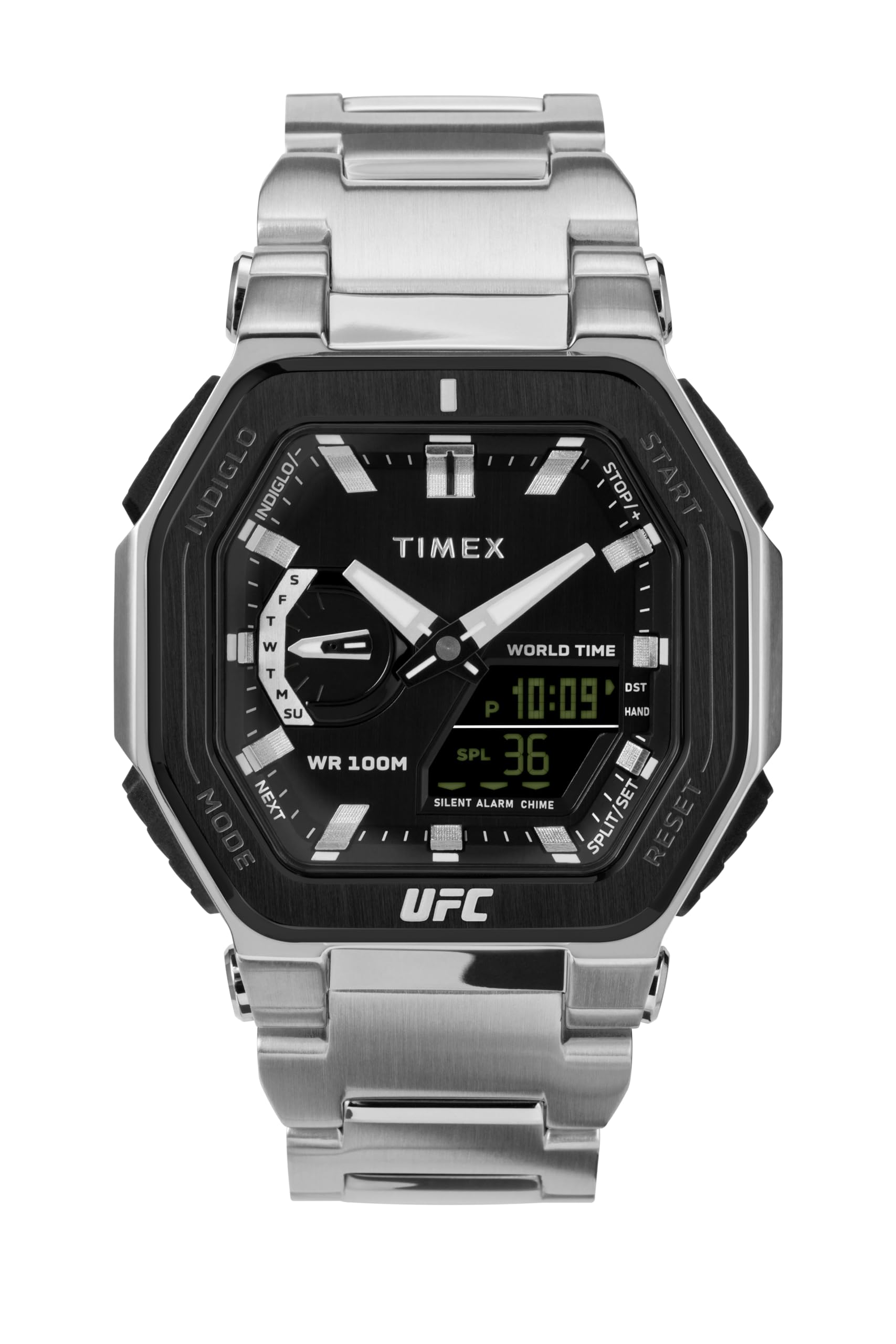 Tmexタイメックス UFC メンズ男性 コロッサス 45mm 腕時計ルバートーン ブレスレット ブラックダイアル シルバートーン ケース