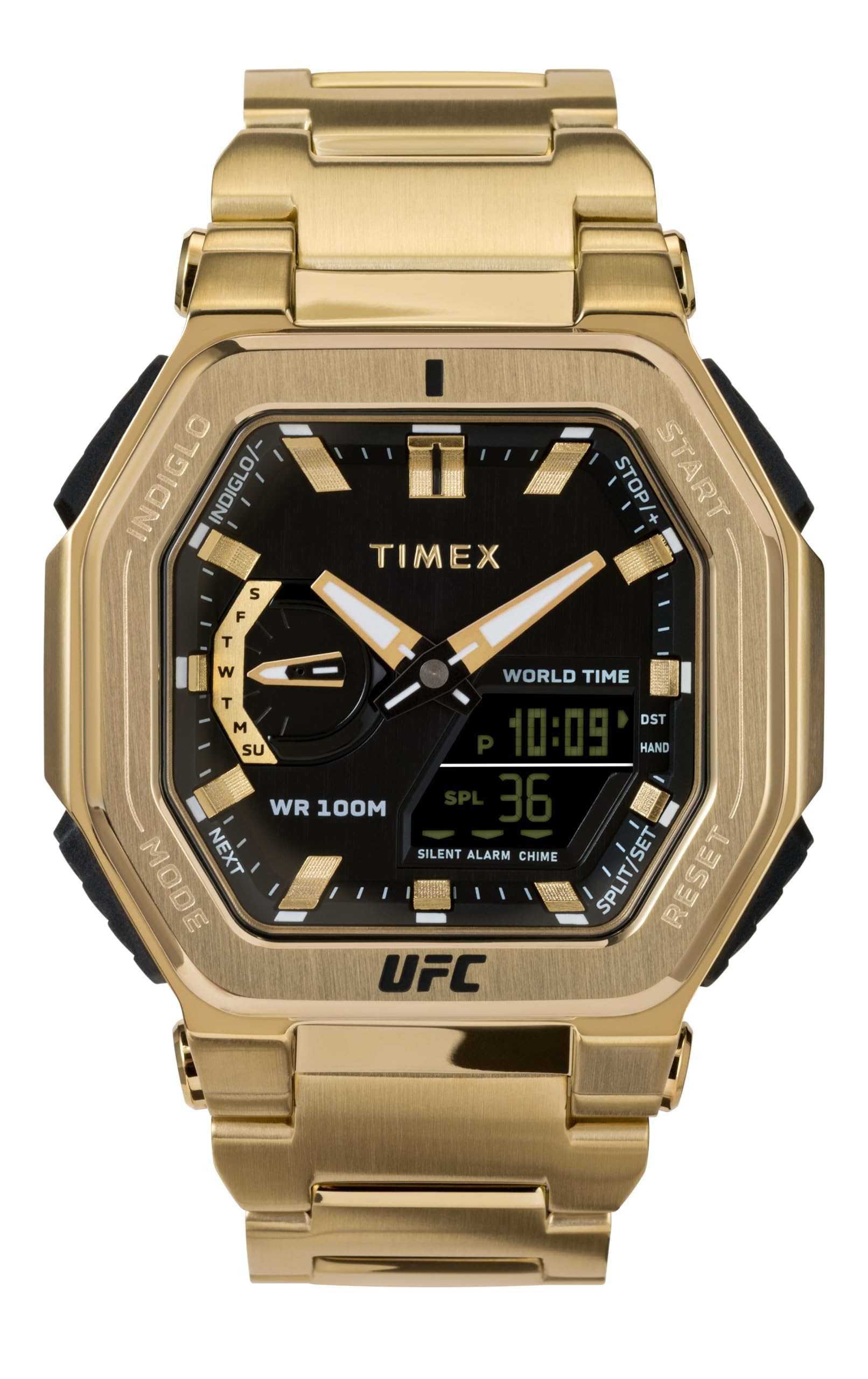 TmexタイメックスUFCメンズ男性コロッサス45ミリメートル腕時計 - ゴールドトーンブレスレットブラックダイヤルゴールドトーンケース
