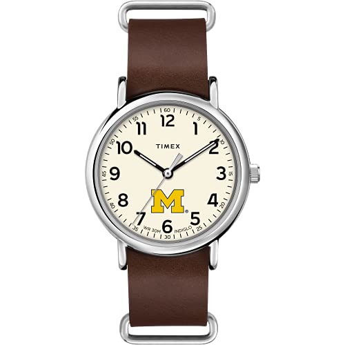 TIMEX メンズ男性 Collegiate Weekender 40mm 腕時計ミシガン ウルヴァリンズ ブラウン本革スリップスルー ストラップ付き