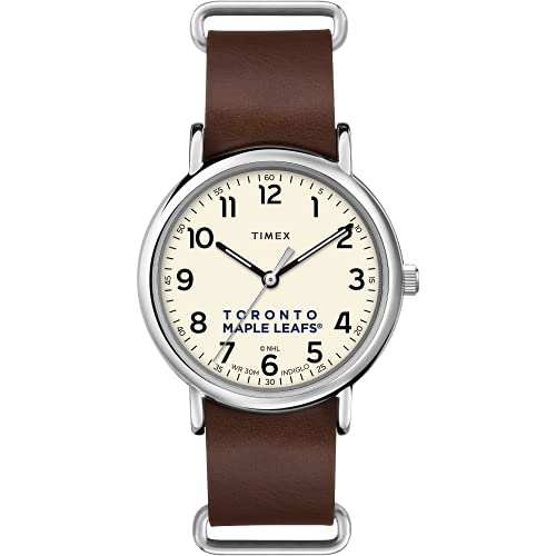 TIMEX メンズ男性 NHL Weekender 40mm 腕時計トロントメープルリーフス ブラウン本革スリップスルーストラップ付き