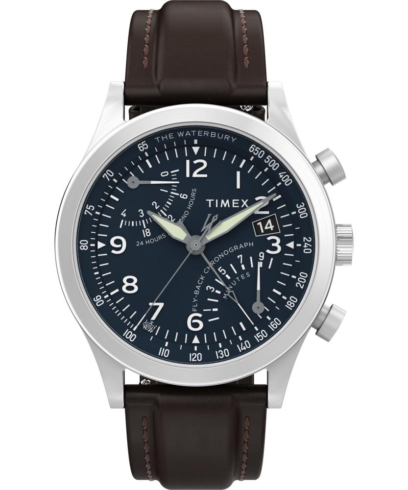 楽天BasqueバスクTimex メンズ Waterbury Chronograph 42mm Watch - Brown Strap Blue Dial Stainless Steel Case タイメックス腕時計 並行輸入品
