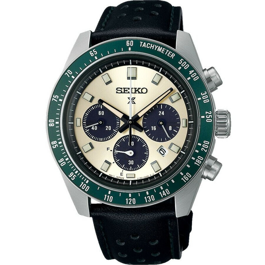 Seikoセイコー逆輸入 Prospex Speedtimer メンズ腕時計 ソーラー クロノグラフ アイボリー文字盤 グリーンベゼル パンチングレザーベルト