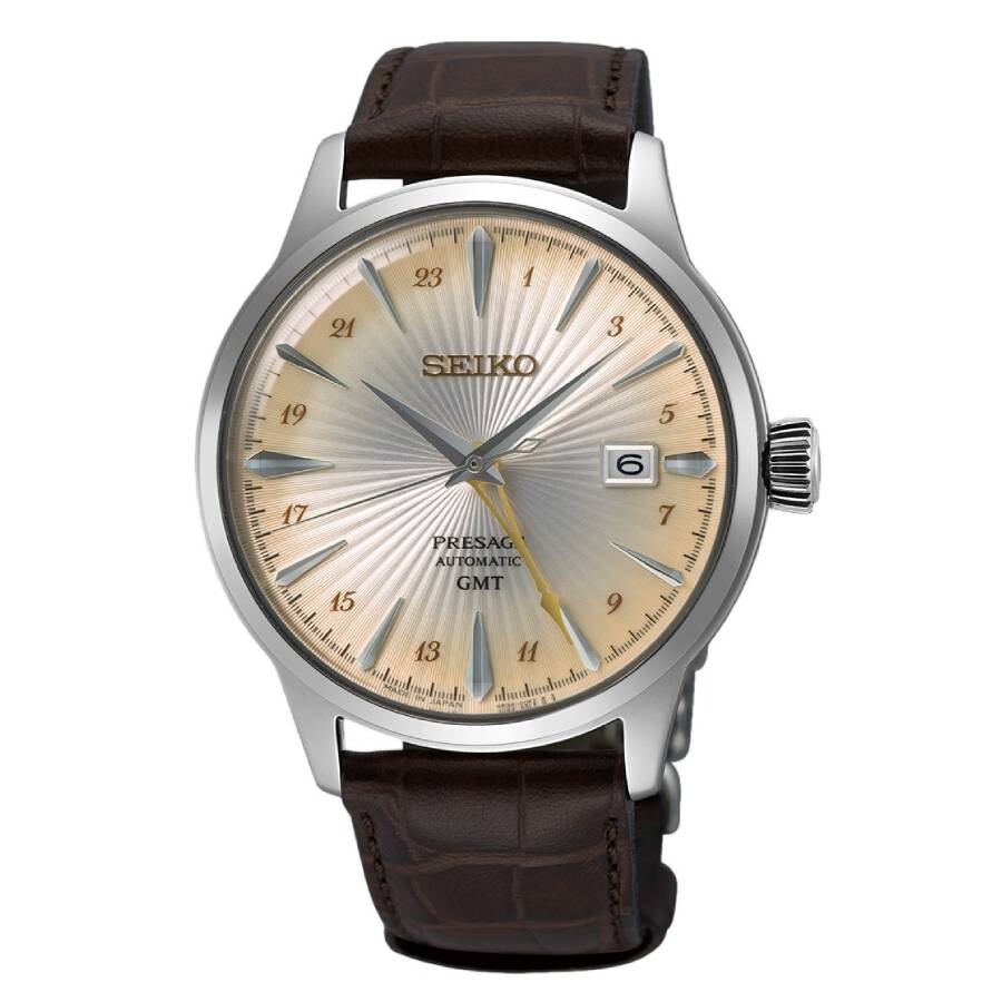 Seikoセイコー逆輸入 Presage メンズ 腕時計 自動巻き GMT アイボリー文字盤 ブラウンレザーベルト アナログ