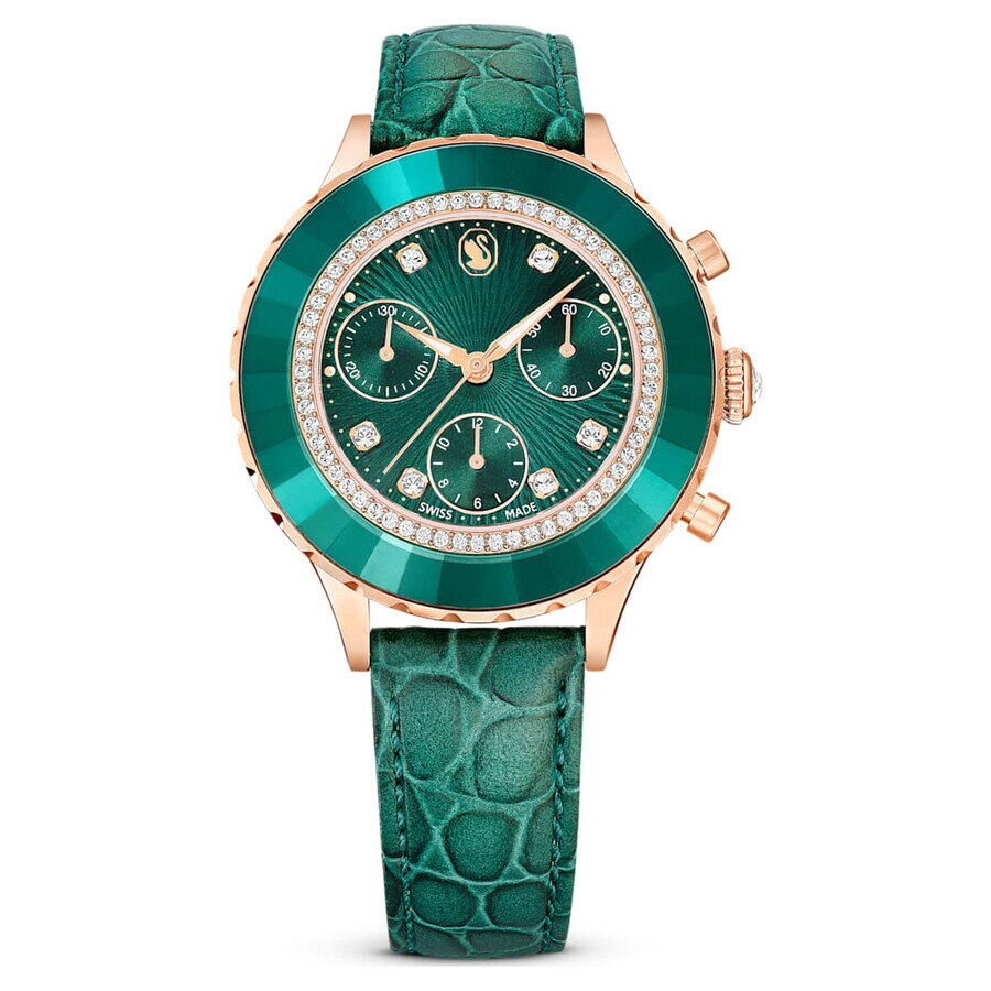 樂天商城 - Swarovski Octea Chrono 腕時計 レディース クォーツ ローズゴールド×グリーン文字盤 クロノグラフ レザーベルト