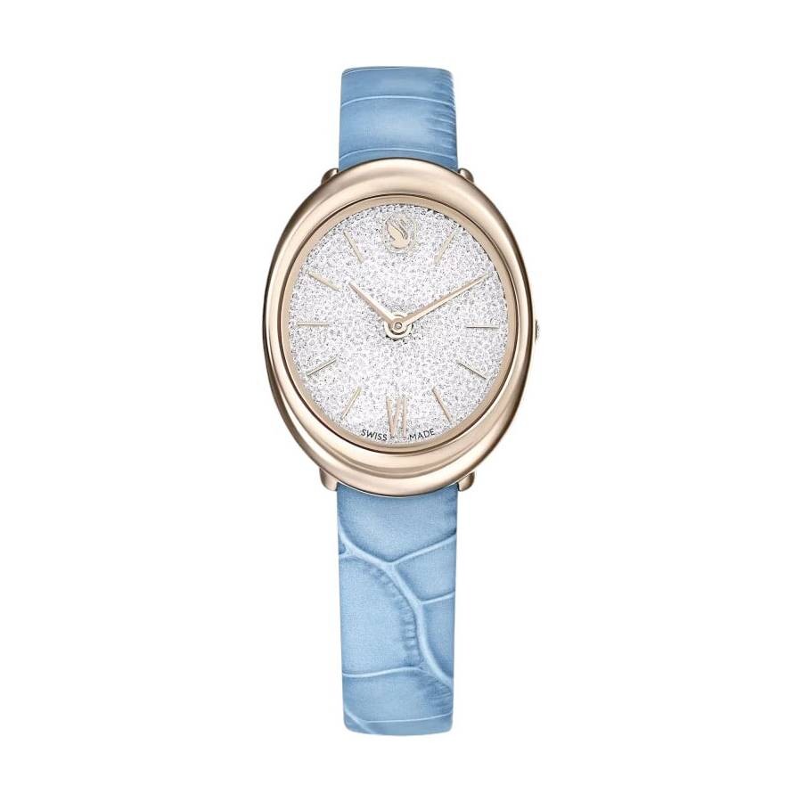 B, C, D, G, J, L, S, T, Z - Swarovski Crystalline レディース 腕時計 クォーツ オーバルケース ブルーレザーストラップ