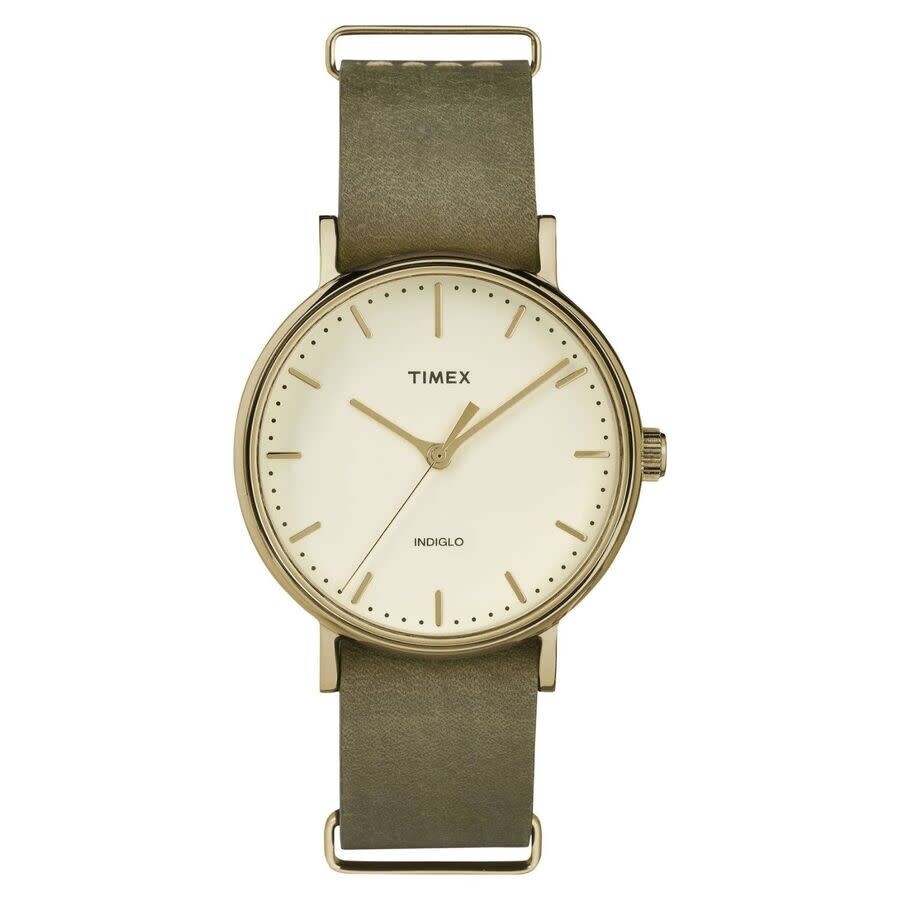 F, H, W - TIMEX Weekender レディース 腕時計 クォーツ ホワイト文字盤 ゴールドケース グリーンレザーストラップ