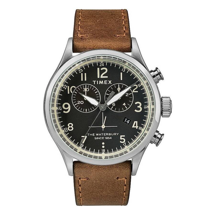 Timex Waterbury メンズ 腕時計 クォーツ ブラック文字盤 ブラウンレザーベルト クロノグラフ