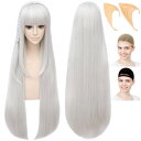 CaseEden コスプレ ウィッグ さらさら ロング 三つ編み エルフ耳 耐熱 シルバー 銀色 ウィッグネット2個セット