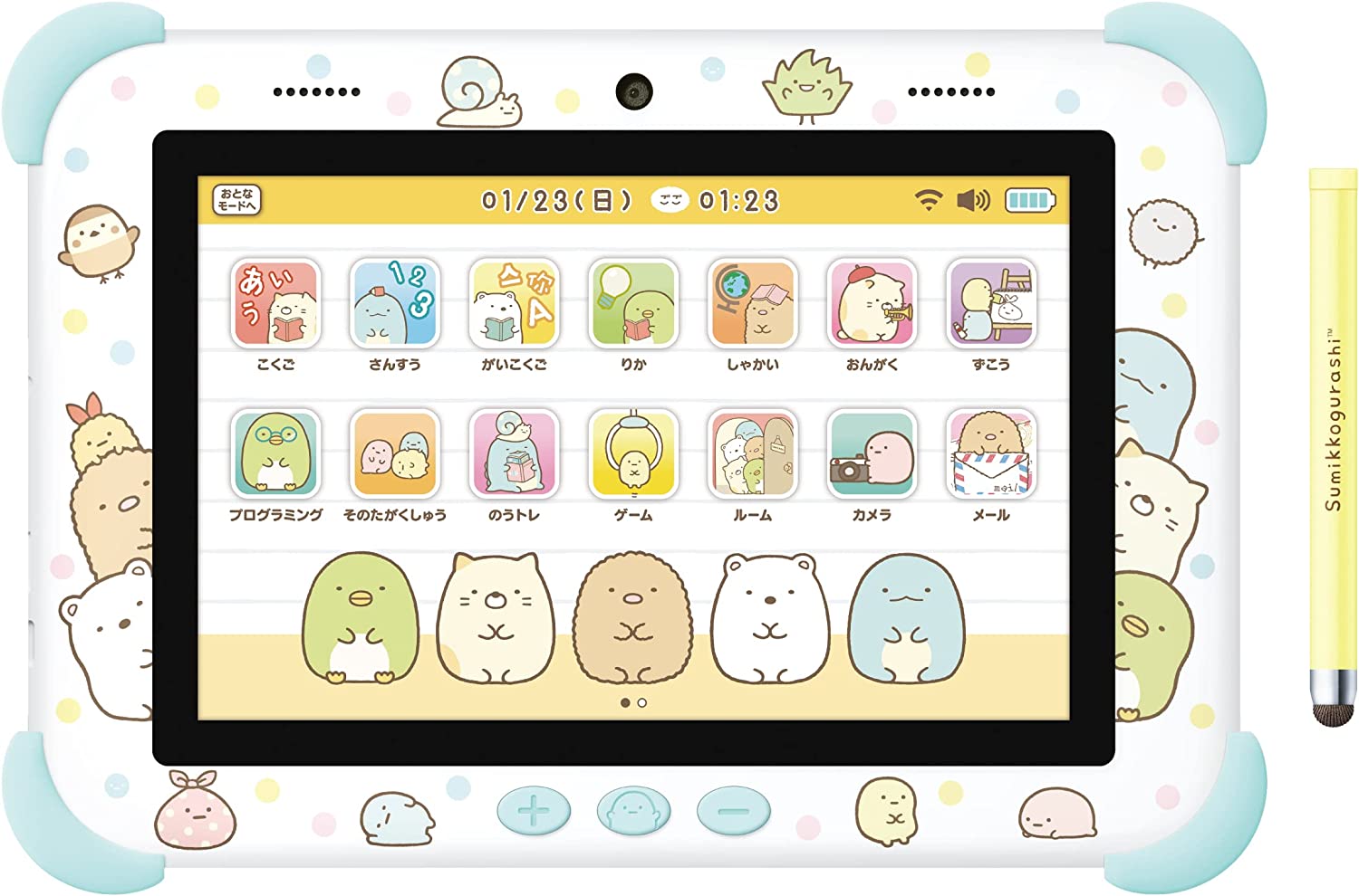◆商品説明◆ Androidを搭載し、Wi-Fiで通信が可能になったすみっコぐらしのタブレットです。 8inchの液晶画面は静電容量方式で、付属のタッチペンや指で操作ができます。 画面の周りにはすみっコぐらしの可愛いデザインがプリントされています。 小学館監修の問題で、楽しみながらお勉強ができます。 ゲームもたくさん入っており、大きな画面ですみっコたちのかわいい動きも楽しめます。 各種設定、お友達の承認は保護者の方を通して行うなど、セキュリティ面も安心してお子様に遊ばせることができます。 付属のケーブルとアダプターを使用して充電して遊べます。 (C)2021 San-X Co., Ltd. All Rights Reserved.