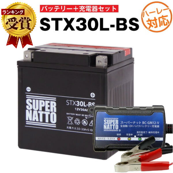 バイクバッテリー充電器+STX30L-BS(ハーレー用)セット■バイクバッテリー■66010-97B 66010-97C 66010-97A互換■ボルティクス・スーパーナット【バイクバッテリー】(液入済)