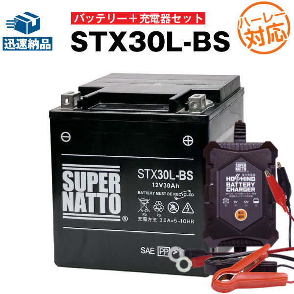 バイクバッテリー充電器+ハーレーSTX30L-BS セット シールド型 ■バイクバッテリー■66010-97B 66010-97C 66010-97A互換■12V/6V切替 星乃充電器・スーパーナット(液入済)
