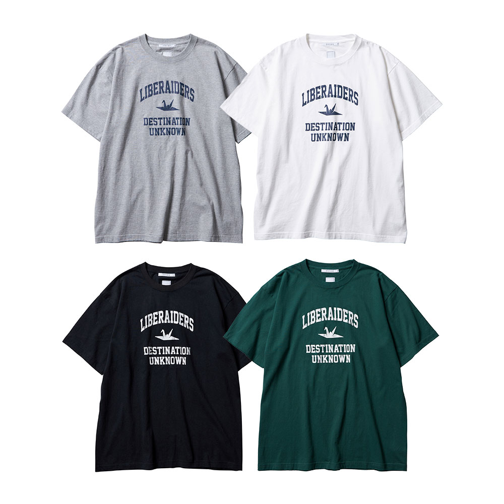 Liberaiders リベレイダース COLLEGE LOGO TEE 706122401 Tシャツ 半袖 フロスト加工 ヴィンテージライク 折り鶴 カレッジロゴ