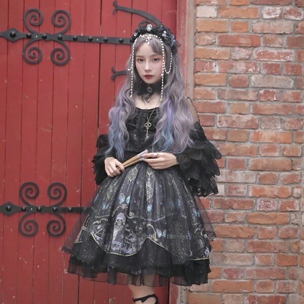 ロリータ ワンピース コスチューム メイド服 ゴスロリ ロリータワンピース 華やか メイド 豪華セット レディース 姫袖 姫ロリ 甘ロリ ゴシック ゴスロリ おとぎの国 日常 イベント 衣装 ベール ヘッドドレス 首飾り セット ドレス 小悪魔 bauty1540