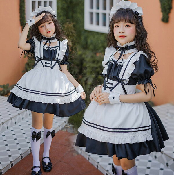 メイド服 キッズ コスプレ ブラック 黒 メイド ワンピース 衣装 子供用 女の子 仮装 半袖 ロリータ セット コスチューム フリル ブラック ハロウィン クリスマス 余興 イベント 110 120 130 140 150 翌日配達 bauty1216