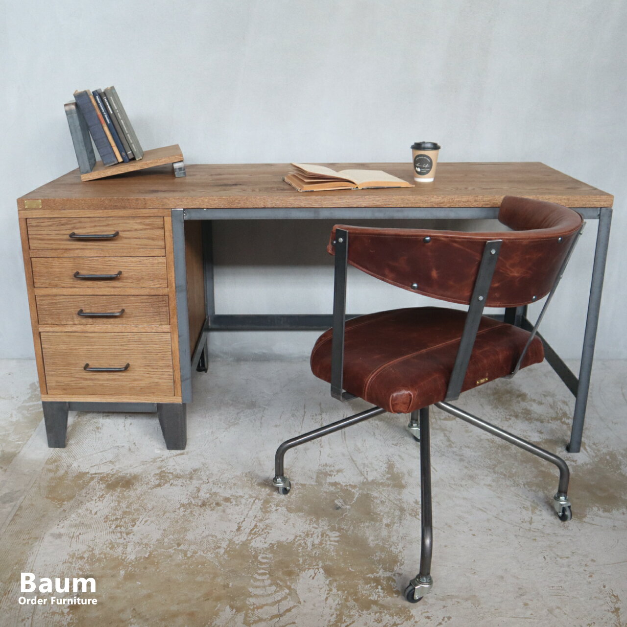 【自社工房製作】\受注製作/Baum Order Furniture ワークデスク パソコンデスク PCデスク ユニットデスク 勉強机 デスク 机 作業台 スチール 鉄製 学習机 引き出し 150cm ミシン台 事務机 無垢材 アイアン家具 オーダー家具 日本製