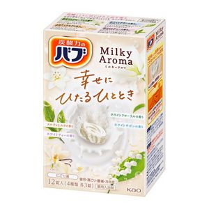 バブ ミルキーアロマ 12錠 商品説明 『バブ ミルキーアロマ 12錠』 炭酸力のバブ 忙しい毎日の短め入浴にも温浴効果を高めて芯まで温めほぐす！ だるい疲れ 肩が重い 腰がつらい 手先まで冷える 腰痛 冷え症 肩こり 疲労 薬用入浴剤（錠剤タイプ） エレガントフローラルの香り 古来より人々を魅了してきたチューベローズ（月下香）が生み出す、魅惑的で優美な香りです。 湯の色：ミルキーパープル（にごりタイプ） ドリーミーミュゲの香り ミュゲ（スズラン）の香りに、ムスクでアクセントをつけた、上品で清潔感のある香りです。 湯の色：ミルキーホワイト（にごりタイプ） メルティミルクの香り ムスクをベースに、ココナッツやピーチなどの甘さをブレンドした、濃厚でとろけるような香りです。 湯の色：ミルキーホワイト（にごりタイプ） ハーバルアロマの香り レモングラスやローズマリーといった天然ハーブをブレンドした、さわやかですっきりとした香りです。 湯の色：ミルキーグリーン（にごりタイプ） フレッシュで豊かな香りが持続するアロマビーズ製法 一日の終わりに、上質な香りと、なめらかなミルキー色のお湯に包まれる、贅沢なバスタイムを。 うっとり優雅な気分に浸る、4つの香り詰め合わせです。 さら湯よりもっといたわるお湯質※に ※湯ざわり 肌にうれしい ・赤ちゃんから大人まで、みんなの肌をやさしく包む、素肌と同じ弱酸性の湯 ・アミノ酸で水道水中の塩素を除去し、さら湯のピリピリ感を和らげる カラダにうれしい たっぷり溶け込む炭酸力×カラダ全体を包み込むあったかベール成分※1 ※1 硫酸マグネシウム ※1 硫酸ナトリウム 温浴効果を高めて、芯まで温めほぐします。 湯上がり後も、芯まで温めほぐれた心地よさが続きます。 【バブ ミルキーアロマ 12錠　詳細】 原材料など 商品名 バブ ミルキーアロマ 12錠 原材料もしくは全成分 ＜有効成分＞ 炭酸水素ナトリウム、炭酸ナトリウム、硫酸マグネシウム、硫酸ナトリウム（無水） ＜その他の成分＞ フマル酸、PEG6000、酸化Ti、グリシン、酸化マグネシウム、ブドウ糖、ショ糖脂肪酸エステル、ポリアクリル酸Na、ポリアクリル酸、ベントナイト、高重合PEG、PVP、ミリスチン酸イソプロピル、香料、（＋／−）青1、黄4、赤102、赤106、赤227 内容量 40g×12錠(4種類 各3錠) 製造国 日本 販売者 花王 ご使用方法 浴槽の湯(150〜200L)に1錠溶かしきってから入浴してください。 ※発泡中の錠剤に顔を近づけると、まれにせき込む場合があります。 ※泡が消えた後も炭酸ガスが湯に溶け込んでいるので、効果は長続きします。溶かしてから2時間以内の入浴が効果的です。 ※袋を開封した後はすぐにお使いください。 ※赤ちゃんと一緒に入浴する時も使えます。 ご使用上の注意 ●本品は食べ物ではありません。 ●本品と他の入浴剤は併用しない。 ●入浴以外の用途に使わない。 ●子供の手の届く所に置かない。 ●認知症の方などの誤食を防ぐため、置き場所に注意する。 ●高温の所に置かない。 【身体について】 ・皮フあるいは体質に異常がある場合は医師に相談して使用する。 ・使用中または使用後、皮フに発疹、発赤、かゆみ、刺激感等の異常が現れた場合、使用を中止し、医師に相談する。 ・万一飲み込んだ時は水を飲ませる等の処置を行う。 【浴槽・給湯器について】 ●給湯器によっては使用できない種類があるので、給湯器の説明書を確認する。 ●浴槽・風呂釜をいためるイオウは入っていない。 ●天然の大理石・木製の浴槽には使わない。 ●浴槽の汚れに入浴剤の色素が付着して色がつくこともあるので、汚れは早めに浴室用洗剤で落とす。 ●風呂釜や配管の汚れに白濁成分がつき、追いだき時に出てくることがある。使用後、循環口のフィルターや浴槽等に残った白濁成分はよく洗い流す。お手入れ方法は、給湯器の説明書に従う。 【残り湯について】 ●洗濯のご注意 洗濯に使えるが、すすぎ、柔軟仕上げには清水（水道水）を使う。つけ置き、おろしたての衣料を洗濯する時、おしゃれ着用洗剤で洗濯する時は使わない。 ●洗濯機の風呂水給水ポンプは、フィルターに白濁成分がつまることがあるので使わない。 ●水やりのご注意 無機塩を多く含むので、植物の水やりに使わない。 ◆本品記載の使用法・使用上の注意をよくお読みの上ご使用下さい。 効能 疲労回復、肩のこり、腰痛、冷え症、神経痛、リウマチ、痔、あせも、しもやけ、荒れ性、ひび、あかぎれ、しっしん、にきび、うちみ、くじき、産前産後の冷え症 広告文責 株式会社プログレシブクルー072-265-0007 区分 医薬部外品バブ ミルキーアロマ 12錠×10個セット