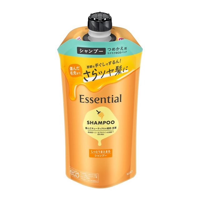 花王 エッセンシャル しっとりまとまる シャンプー つめかえ用 商品説明 『花王 エッセンシャル しっとりまとまる シャンプー つめかえ用』 ◆パサつき、広がる髪に ◆毛先までしっとりまとまる髪へ ◆毎日洗うたび、傷んだ髪もダメージ補修 ◆翌朝も手ぐしでするん！とあつかいやすい ◆キューティクルケア＆髪内部ケア ◆荒れたキューティクル表面もなめらかに補修 ◆傷んだ髪内部まで浸透＆補修 ◆高純度ハニー＆プロテイン配合※1 ※1 ハチミツ、加水分解コラーゲン(保湿) ◆天然由来の美髪オイル18-MEA OIL※2配合 ※2 ラノリン脂肪酸(補修) ◆キレイへ導く5つの機能 ◆髪のからまりを防ぎやさしい洗い心地 ◆傷んだ毛先まで補修してするするの指どおり ◆ドライヤー時からまりにくく乾かしやすい ◆熱・摩擦による髪ダメージ予防 ◆翌朝手ぐしでまとまる 花王 エッセンシャル しっとりまとまる シャンプー つめかえ用　詳細 原材料など 商品名 花王 エッセンシャル しっとりまとまる シャンプー つめかえ用 原材料もしくは全成分 水、ラウレス硫酸アンモニウム、エタノール、ジステアリン酸グリコール、ハチミツ、加水分解コラーゲン、ラノリン脂肪酸、乳酸、ヒマワリ種子油、ラウリルヒドロキシスルタイン、ラウラミドプロピルベタイン、ミリスチルアルコール、ステアリルアルコール、PPG-3カプリリルエーテル、PPG-7、コカミドMEA、グアーヒドロキシプロピルトリモニウムクロリド、イソデシルグリセリルエーテル、ポリクオタニウム-10、ポリクオタニウム-52、ラウレス-4、ラウレス-4カルボン酸Na、ラウレス-16、ラウレス-23、ラウレス硫酸Na、ステアロキシプロピルジメチルアミン、ジメチコン、水酸化Na、安息香酸Na、ベンジルアルコール、フェノキシエタノール、香料 内容量 300ml 販売者 花王 販売名エッセンシャルシャンプーbS ご使用上の注意 ・頭皮に傷、湿疹等異常のある時は使わないでください ・刺激等の異常が出たら使用を中止し、皮フ科医へ相談してください ・つめかえる時や使用中、目に入らないよう注意し、入った時は、すぐに充分洗い流してください 原産国 日本 広告文責 株式会社プログレシブクルー072-265-0007 区分 化粧品花王 エッセンシャル しっとりまとまる シャンプー つめかえ用　300ml×24個セット　1ケース分