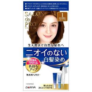 サロンドプロ 無香料ヘアカラークリーム 白髪用1 かなり明るいライトブラウン 商品説明 『サロンドプロ 無香料ヘアカラークリーム 白髪用1 かなり明るいライトブラウン』 ◆ツンとするニオイの無い成分だけで作った白髪染め ◆ニオイがないからこんなに快適！ ◆周りの方も気にならない爽やか・快適な使い心地です。 ◆目や鼻にツンとくることもありません。 ◆お部屋に嫌なニオイがこもりません。 ◆しっかりきれいな染め上がり 髪に浸透しやすい独自のコネクター成分が、染料を効率良く髪の内側まで導くので、しっかりきれいに染まります。 ◆髪にやさしい4つのトリートメント成分配合 高分子シルクプロテイン(はり・コシ成分)、ローヤルゼリーエキス(うるおい成分)、天然オリーブオイル(つややか成分)、植物性プロテイン(毛髪保護成分) ◆気になる部分もしっかりきれいにクリームタイプ ◆コームブラシで生え際、分け目もしっかり塗れます。 ◆何回にも分けて使えます ◆ショートヘア〜ミディアムヘア約1回分です。 ◆放置時間15分の早染めタイプです。 ◆かなり明るいライトブラウン サロンドプロ 無香料ヘアカラークリーム 白髪用1 かなり明るいライトブラウン　詳細 原材料など 商品名 サロンドプロ 無香料ヘアカラークリーム 白髪用1 かなり明るいライトブラウン 成分(SヘアカラーC1／1剤)40g 有効成分・・・パラアミノフェノール、パラアミノオルトクレゾール、レゾルシン その他の成分・・・1.3-ブチレングリコール、DL-リンゴ酸ナトリウム、L-アスコルビン酸、エタノール、オリブ油、カンゾウエキス、グリチルリチン酸ジカリウム、ジエチレントリアミン五酢酸五ナトリウム液、ジブチルヒドロキシトルエン、セタノール、ポリエチレングリコール200、ポリオキシエチレンステアリルエーテル、ポリ塩化ジメチルメチレンピペリジニウム液、モノエタノールアミン、ローヤルゼリーエキス、亜硫酸ナトリウム(無水)、塩化ステアリルトリメチルアンモニウム、加水分解シルク液、常水、水酸化カルシウム、精製水、大豆たん白加水分解物、濃グリセリン、流動パラフィン、硫酸マグネシウム 成分(OXクリームMN2／2剤)40g 有効成分・・・過酸化水素 その他の成分・・・ジエチレングリコールモノエチルエーテル、ステアリルアルコール、セタノール、ヒドロキシエタンジホスホン酢液、フェノキシエタノール、ポリエチレングリコール400、ポリオキシエチレンセチルエーテル、リン酸、リン酸水素ニナトリウム、精製水、流動パラフィン 内容量 1セット 販売者 ダリヤ ご使用法 ・ご使用の際は、必ず使用説明書をよく読んで正しくお使いください。 (1)1剤と2剤を同量出し、混ぜ合わせます。 (2)乾いた髪にコームブラシでムラなく塗ります。 (3)15分ほど放置後、よくすすぎ、シャンプー・リンスで仕上げます。 ご購入前・ご使用前にお読みください。 ・ヘアカラーはまれに重いアレルギー反応をおこすことがあります。 ・次の方は使用しないでください。 今までに本品に限らずヘアカラーでかぶれたことのある方。 今までに染毛中または直後に気分の悪くなったことのある方。 ・頭皮あるいは皮膚が過敏な状態になっている方。(病中、病後の回復期、生理時、妊娠中等。) ・頭、顔、首筋にはれもの、傷、皮膚病がある方。 ・ご使用の際には使用説明書にしたがい、毎回必ず染毛の48時間前に皮膚アレルギー試験(パッチテスト)をしてください。 ・薬剤や洗髪時の洗い液が目に入らないようにしてください。 ・眉毛、まつ毛には使用しないでください。 ・乳幼児の手の届かないところに保管してください。 ・高温や直射日光を避けて保管してください。 ・幼小児には使用しないでください。 ・残った混合クリームは効果がありませんので、必ず捨ててください。 ・ヘアカラーの匂いがありませんので、お子さまが誤って口に入れないようご注意ください。 ・白髪をしっかり隠したい方は、暗い色番をおすすめします。 ・仕上がりはもとの髪色、白髪の量、髪質、室温、放置時間等により異なります。 ・白髪の量が多めの方はカラーガイドよりも明るめに、少なめの方は暗めに仕上がります。 ・すでに暗めに折で染めてある髪は、その色より明るく染め変えることは困難です。 ・頭皮や肌に混合クリームが付いた場合、反応臭がすることがあります。/(/F203906/)/ 広告文責 株式会社プログレシブクルー072-265-0007 区分 日用品サロンドプロ 無香料ヘアカラークリーム 白髪用1 かなり明るいライトブラウン　1セット!!