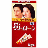 ビゲン クリームトーン7G自然な黒褐色 商品説明 『ビゲン クリームトーン7G自然な黒褐色』 「ビゲン クリームトーン 」は、部分染めやリタッチに便利な、明るい白髪染めです。のびがよくムラもないクリームタイプ。タレ、飛び散りが少なく、生え際やうなじなど、染めにくい部分にもしっかりなじみます。クシ通りがよくしっとりとしたしなやかな染め上がり。女性にも男性にもご使用いただけます。医薬部外品。 【ビゲン クリームトーン7G自然な黒褐色　詳細】 原材料など 商品名 ビゲン クリームトーン 原材料名 有効成分：5-アミノオルトクレゾール、塩酸2.4-ジアミノフェノキシエタノール、α-ナフトール、パラアミノフェノール、パラニトロオルトフェニレンジアミン、パラフェニレンジアミン、メタアミノフェノール、レゾルシン、過酸化水素水 その他の成分：HEDTA・3Na2水塩、PEG-8、PG、POE(20)POP(4)セチルエーテル、POEセチルエーテル、アスコルビン酸、イソステアリルアルコール、イソプロパノール、強アンモニア水、クエン酸、ステアルトリモニウムクロリド、セタノール、セテアリルアルコール、セトリモニウムブロミド、フェノキシエタノール、無水亜硫酸Na、ラウリル硫酸Na、ワセリン、香料 内容量 1剤(カラークリーム)40g、2剤(オキシデーションクリーム)40g 保存方法 直射日光や湿気の多いところを避け、涼しい所に保存してください。 販売者 ホーユー ご購入前・ご使用前にお読みください。 ●ご使用の際は必ず使用説明書をよく読んで正しくお使いください。 ●ヘアカラーはまれに重いアレルギー反応をおこすことがあります。 ●次の方は使用しないでください。 ・今までに本品に限らずヘアカラーでかぶれたことのある方 ・今までに染毛中または直後に気分の悪くなったことのある方 ・頭皮あるいは皮膚が過敏な状態になっている方(病中、病後の回復期、生理時、妊娠中等) ・頭、顔、首筋にはれもの、傷、皮膚病がある方 ●ご使用の際には使用説明書にしたがい、毎回必ず染毛の48時間前に皮膚アレルギー試験(パッチテスト)をしてください。 ●薬剤や洗髪時の洗い液が目に入らないようにしてください。 ●眉毛、まつ毛には使用しないでください。 ●幼少児の手の届かない所に保管してください。 ●高温や直射日光を避けて保管してください。 ●幼少児には使用しないでください。 ●仕上がりの色調は、染める前の髪色、髪質、放置時間などにより異なります。 ●白髪の量が多めの方は明るめに、少なめの方は暗めに仕上がります。 ●ヘアカラーやヘアマニキュアなどで染めた髪を、その色より明るく染め変えることは困難です。 ●手袋は使用説明書の裏面に貼りつけてあります。 ご使用方法 ご使用前に、必ず使用説明書をよく読んでお使いください。 1.1剤と2剤をミックストレーに出し、よく混ぜ合わせます。 2.染毛ブラシで、乾いた髪にぬり、ムラなくのばします。 3.ぬり終えたらそのまま30分ほど放置します。 4.よくすすいだあと、シャンプー・リンスで仕上げます。 ●混合クリームがすすぎ湯が目に入らないよう特に注意してください。 使用量の目安：1箱全量でショートヘア(髪全体)約1回分です。毛量の多い方は2箱ご用意ください。 分割使用：できます。チューブに残った薬剤は次回ご使用になれます。*混ぜた薬剤は洗い流して捨ててください。 広告文責 株式会社プログレシブクルー072-265-0007 区分 日本【27個セット】【1ケース分】 ビゲン クリームトーン7G自然な黒褐色×27個セット　1ケース分