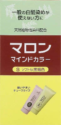 マロン マインドカラーS ソフトな黒褐色 商品説明 『マロン マインドカラーS ソフトな黒褐色』 ◆新改良 色持ち・手ざわりがさらによくなりました。 ◆一般の白髪染めが使えない方に。 ◆ジアミン系の染料を含まない植物性染料配合の染毛剤です。 ◆トリートメント成分配合で、つややかな手ざわりのよい仕上がりです。 ◆ツンとする刺激臭がありません。 ◆クリームタイプですから、飛びちったり、タレ落ちたりしません。 ◆チューブ式ですから、小分けしやすく、無駄なく使えます。 ・1箱全量でセミロング程度の髪まで染められます。 ・毛量の多い方は、2箱ご準備ください。 マロン マインドカラーS ソフトな黒褐色　詳細 原材料など 商品名 マロン マインドカラーS ソフトな黒褐色 原材料もしくは全成分 セタノール、サリチル酸塩、サリチル酸 原材料もしくは全成分 ・1剤・・・サリチル酸Na、没食子酸／ステアリン酸ステアリル、PG、POEセチルエーテル、尿素、カンゾウ抽出末、L-アスコルビン酸ナトリウム、無水亜硫酸Na、セタノール、水酸化K、炭酸水素アンモニウム ・2剤・・・硫酸鉄水和物／ベヘニルアルコール、POEセチルエーテル、塩化トリPOE（5）ステアリンアンモニウム、L-アスコルビン酸、セタノール 内容量 70g+70g 販売者 シュワルツコフヘンケル ご使用方法 ・1剤と2剤を別々に、時間をおいて使用する製品ですから、塗布前に1剤と2剤を混合しないでください。 （1）.1剤だけをトレーの中にしぼりだし、添付のコームブラシで髪に塗りつけ、約15分おきます。 (2).2剤だけをトレーの中にしぼりだし、1剤を塗って15分たった状態の髪の上に塗り、約15分おきます。 ※1剤で使ったトレーのままでさしつかえありません。 （3）.時間がきましたら、ぬるま湯で充分にすすいでください。シャンプー、リンスをして仕上げます ご使用上の注意 ・ご使用の前には必ず使用説明書をよく読んで、正しくお使いください。 ・染毛の前には毎回必ず皮膚試験(パッチテスト)をしてください。 ・薬剤や洗髪時の洗い液が目に入らないようにしてください。染毛中の入浴や染毛の前をぬらすと、薬剤がたれて目に入るおそれがあります。 ・幼小児の手の届かないところに保管してください。 ・高温や直射日光をさけて保管してください。 ※1箱全体で、セミロングヘア約1回分です。 ※毛量が多い方は、2箱ご用意ください。 ※この製品で染め重ねた髪に一般の染毛剤を使用しないでください。地肌に刺激を感じたり、髪をいためたりすることがあります。 ※この製品で染めた髪は、パーマがかかりにくくなります。 ※1回目は染まりにくいことがありますが、回数を重ねるにつれて、よく染まるようになります。 広告文責 株式会社プログレシブクルー072-265-0007 区分 日用品マロン マインドカラーS ソフトな黒褐色(70g+70g)　×3個セット