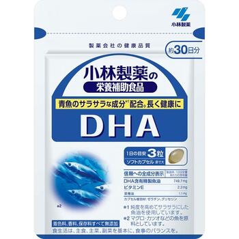 小林製薬 栄養補助食品 DHA 商品説明 『小林製薬 栄養補助食品 DHA』 【小林製薬 栄養補助食品 DHAの商品詳細】 ●DHA(ドコサヘキサエン酸)はマグロをはじめとする魚の油に豊富に含まれる不飽和脂肪酸のひとつです。 ●1日3粒でDHA345mgが摂取でき、魚を食べる機会が少ない方の健康的な食生活を応援します。 ●受験生や実年世代の方をサポート 【小林製薬 栄養補助食品 DHA　詳細】 【1粒あたりの含有量】 エネルギー 2.9kcal たんぱく質 0.13g 脂質 0.25g 糖質 0.02g 食物繊維 0g ナトリウム 0.0064〜0.064mg DHA 115mg EPA 7.5mg 原材料など 商品名 小林製薬 栄養補助食品 DHA 原材料名 エネルギー、たんぱく質、脂質、糖質、食物繊維、ナトリウム、DHA、EPA 内容量 250mg×90粒 保存方法 直射日光や湿気の多いところを避け、涼しい所に保存してください。 販売者 小林製薬株式会社 使用上の注意 ・必要以上を短期間に大量に摂ることは避けてください。なお、目安量を守ってお召しあがりください。 ・小さなお子さまの手の届かないところに置いてください。 ・薬を服用あるいは通院中の方、妊娠及び授乳中の方はお医者様にご相談の上お召し上がりください。 ・全成分表示をご参照の上、食品アレルギーのある方はお召し上がりにならないでください。 ・体質や体調により、まれにかゆみ、発疹、胃部不快感、下痢、便秘などの症状が出る場合があります。 ・万一、からだに変調が生じたら直ちにご使用をおやめください。 ・食品ですので衛生的な取り扱いをお願いします。 ・天然の原料を使用しておりますので、まれに色が変色する場合がありますが、品質に異常はありません。 お召し上がり方 1日3粒を目安に、水またはお湯とともにお召し上がりください。 広告文責 株式会社プログレシブクルー072-265-0007 区分 日本製・健康食品小林製薬 栄養補助食品 DHA ×5個セット