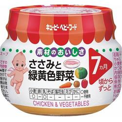 キユーピーベビーフード ささみと緑黄色野菜 商品説明 『キユーピーベビーフード ささみと緑黄色野菜』 ◆7ヵ月頃からずっと ◆鶏ささみ、かぼちゃ、にんじんなどをスープで煮込み、食べやすく裏ごししました。 ◆着色料・保存料・香料は使用していません。 キユーピーベビーフード ささみと緑黄色野菜　詳細 栄養成分(1瓶(70g)当たり) エネルギー 51kcaL たんぱく質 3.3g 脂質 0.6g 炭水化物 8.0g ナトリウム 63mg 原材料など 商品名 キユーピーベビーフード ささみと緑黄色野菜 原材料もしくは全成分 野菜(にんじん、かぼちゃ)、鶏ささみ、りんご、全粉乳、コーンスターチ、小麦粉、乾燥マッシュポテト、砂糖、野菜エキス、かつお節、チキンエキス、こんぶエキス 保存方法 ・開栓前は直射日光を避け、常温で保存してください。 内容量 70g 販売者 キューピー ご使用上の注意 ・電子レンジをご使用の際は、別の容器にとり、ラップをかけて温めてください。 ・ラップを取る際は、熱くなった中身がはねることがありますので、ご注意ください。 ・過加熱は発火・発煙の恐れがありますので、ご注意ください。 ・お子さまにあげる前に温度を確かめてください。 ・まれに黒い粒が見られますが、原材料の一部ですのでご安心ください。 ・キャップ裏側に付着した内容物が高温殺菌により茶色になることがあります。 ・着色料・保存料・香料は使用していません。 ・食べる分量を別の容器にとり、残りはキャップをして冷蔵庫(1度〜10度)に入れ、その日のうちにお使いください。 ・必要な分量に小分けし、冷凍保存できます。 ・水分が分離することがありますが、品質には問題ありません。 広告文責 株式会社プログレシブクルー072-265-0007 区分 日用品キユーピーベビーフード ささみと緑黄色野菜　70g