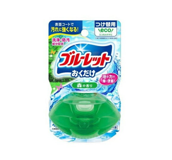 小林製薬 液体ブルーレットおくだけ つけ替用 森の香り 商品説明 『小林製薬 液体ブルーレットおくだけ つけ替用 森の香り』 ◆洗浄・防汚成分を配合。流すたびに便器表面をコートし、汚れの付着を抑える。 ◆泡立ちながら汚れを洗い流す。 ※使用環境、汚れの程度により効果が異なることがあります。 小林製薬 液体ブルーレットおくだけ つけ替用 森の香り　詳細 原材料など 商品名 小林製薬 液体ブルーレットおくだけ つけ替用 森の香り 原材料もしくは全成分 界面活性剤(40％ポリオキシアルキレンアルキルエーテル)、香料 内容量 70ml 販売者 小林製薬 ご使用方法 ★使用できないトイレ ・タンクに手洗いのないトイレ ・タンクの水をおしり洗浄に使うトイレ ・簡易水洗トイレ(くみ取り式) ★使用方法 ※注意：ボトルについている止栓キャップを絶対にはずさないでください。 (1)お願い：効果を発揮させるために、便器を掃除してからご使用ください。 使用済ボトルをタンクの上でひねりながらはずす (2)逆さまにもって突起部で止栓キャップを突き破ってセットする ※注意：脚部では、ささない (3)脚部を差し込む (4)液の通りをよくするためにボトルを2〜3回へこむ程度強く押す ・セットが不十分な場合は薬液がこぼれ、短期間でなくなる場合があります。 ・容器に直接水が当たらなくても使えます。 ・液が減りづらくなったら本体をお求めください。 ・他の「液体ブルーレットおくだけ」の下容器にも使えます。 ご使用上の注意 ★使用上の注意 ・用途外には使用しない。 ・小児、認知症の方などの誤飲に注意する。 ・小児、認知症の方などの手の届くところに置かない。 ・火気の近くや直射日光の当たる所、高温になる場所で保管・使用しない。 ・水の流れが強すぎたり水の量が多すぎると、水がはねたり、まれに容器が倒れ穴をふさぎ水があふれる場合がある。その場合はタンク横の止水栓で水流を弱めるなど調節をする。 ・使用中、本品を逆さま、横倒しにしない。万一そのような状態になった場合は、もとの位置に戻す。 ・タンクの手洗い部分の排水口に網がある場合、手洗い部の水の流れが悪い場合、下容器が汚れてきた場合などは、水があふれるのを防ぐためにときどき網・下容器を清掃する。 ★応急処置 ・目に入った場合は、こすらずすぐ流水で充分に洗い流す。 ・飲み込んだ場合、吐かせず水を飲ませる。 ・皮ふについた場合は、水で充分に洗い流す。 ・気分が悪くなったときは、使用を中止する。 ・異常のある場合はこの説明書きを持参し、医師に相談する。 原産国 日本 広告文責 株式会社プログレシブクルー072-265-0007 区分 日用品小林製薬 液体ブルーレットおくだけ つけ替用 森の香り　70ml×5個セット