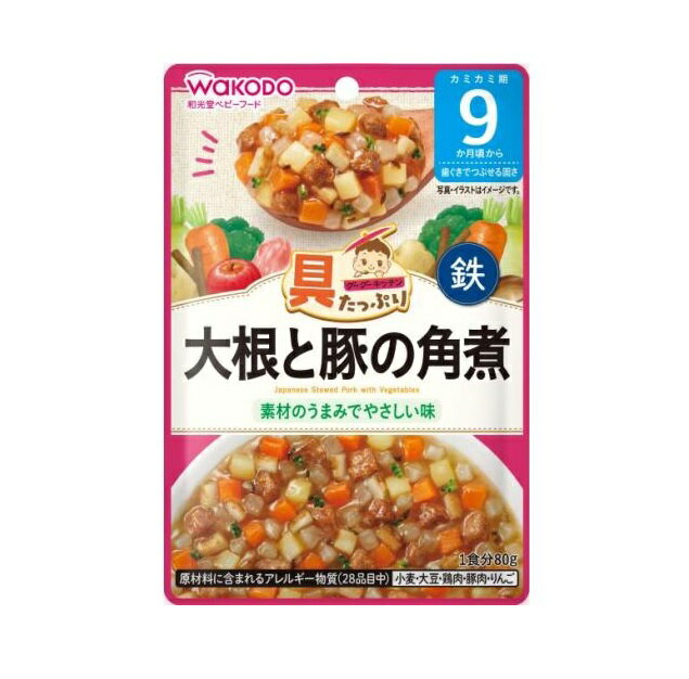 アサヒ 和光堂 具たっぷりグーグーキッチン 大根と豚の角煮 9カ月頃から 商品説明 『アサヒ 和光堂 具たっぷりグーグーキッチン 大根と豚の角煮 9カ月頃から』 手作りではあげにくいたんぱく素材を含む、バラエティ豊かな「具」がたっぷり入ったグーグーキッチン！ 離乳食で不足しがちな鉄1.5mgもしくはカルシウム100mg入りで、手軽に栄養サポートできます。 ふんわりやわらかく練ったコロコロの豚肉とたっぷりの野菜を、果実としょうゆの風味でほんのり甘く煮込みました。 【アサヒ 和光堂 具たっぷりグーグーキッチン 大根と豚の角煮 9カ月頃から　詳細】 1袋80g当たり エネルギー 39kcal たんぱく質 0.7〜1.8g 脂質 0.75g 炭水化物 6.7g 食塩相当量 0.31g 鉄 1.5mg 原材料など 商品名 アサヒ 和光堂 具たっぷりグーグーキッチン 大根と豚の角煮 9カ月頃から 原材料もしくは全成分 野菜（にんじん（国産）、だいこん、ごぼう、ブロッコリー）、豚肉加工品（豚肉、でん粉、食塩、海藻粉末）、ぶどう糖、しょうゆ（小麦・大豆を含む）、りんごピューレー、チキンブイヨン、植物油脂、パインアップル濃縮果汁、しいたけ水煮、チキンエキス／増粘剤（加工でん粉）、ピロリン酸鉄 内容量 80g 原産国 日本 販売者 アサヒグループ食品株式会社 電話番号：0120-889-283 受付時間：10:00〜16:00（土・日・祝日を除く） アレルギー物質（28品目中） 小麦、大豆、鶏肉、豚肉、りんご 広告文責 株式会社プログレシブクルー072-265-0007 区分 ベビーフードアサヒ 和光堂 具たっぷりグーグーキッチン 大根と豚の角煮 9カ月頃から　80g×3個セット