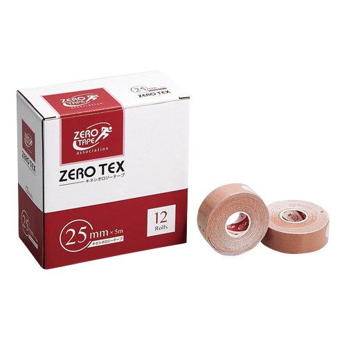 ゼロ・テックス キネシオロジーテープ 25mm*5m 商品説明 『ゼロ・テックス キネシオロジーテープ 25mm*5m』 ◆筋肉の疲労部分への補助・補強を目的にした、筋肉をサポートするためのテーピングです。伸縮性・通気性に優れています。 ◆低アレルギー性アクリル系粘着剤使用 ◆通気性がよくムレにくい ゼロ・テックス キネシオロジーテープ 25mm*5m　詳細 原材料など 商品名 ゼロ・テックス キネシオロジーテープ 25mm*5m 原材料もしくは全成分 本体・・・綿95％、スパンデックス5％ 粘着剤・・・アクリル系 内容量 12巻 販売者 日進医療器 ご使用方法 (1)肌の汗や油脂をふき取り、貼る部位に応じた長さにテープを切ります。 (2)テーピングをする部位の筋肉と皮膚を伸ばした状態で保ち、テープは伸ばさないようにして貼っていきます。 ・テープの先端から少しずつ、貼りながら紙を剥がしていくときれいに貼ることができます。 規格概要 1巻あたりサイズ・・・25mm*5m ご使用上の注意 ・粘着テープ類によるかぶれ、アレルギー症状のある方や、傷口・皮膚炎症には直接使用しないで下さい。 ・皮膚かぶれの原因となりますので、皮膚を過度に引っ張った状態で貼付しないで下さい。 ・本品を使用中、かゆみ・発疹・発赤等の症状があらわれた場合は使用を中止して下さい。 ・テープを皮膚から強くはがすと、皮膚に破損を与えるおそれがありますので、体毛の流れに沿ってゆっくりはがしてください。 ・治療のためにご使用の場合は必ず医師の指導に従ってご使用下さい。 広告文責 株式会社プログレシブクルー072-265-0007 区分 日用品ゼロ・テックス キネシオロジーテープ 25mm*5m