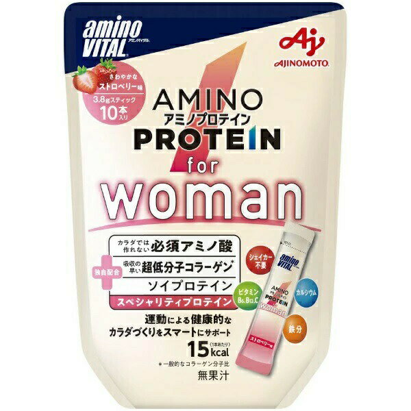 味の素 アミノバイタル アミノプロテイン for Woman ストロベリー味 商品説明 『味の素 アミノバイタル アミノプロテイン for Woman ストロベリー味』 ◆「アミノバイタル(R)」アミノプロテイン for womanはカラダでは作ることのできない組成の必須アミノ酸2700mgとソイプロテイン、一般的なコラーゲンより吸収の早い「超低分子コラーゲン」を配合し、カラダに不足しがちな鉄分・カルシウム、運動時に失われやすいビタミンB6、B12、Cも手軽に摂取できる、運動による健康的なカラダづくりをスマートにサポートするシェイカー不要のプロテインです。 ◆持ち運びやすいスティックタイプなので、いつでもどこでも水などと一緒にお飲み頂けます。 ◆1回分約15kcalと市販のプロテインの約1／5のカロリーですので、引き締まったカラダや健康的でキレイなカラダを目指して継続的にトレーニングをする方におすすめです。 味の素 アミノバイタル アミノプロテイン for Woman ストロベリー味　詳細 栄養成分 1本(3.8g)あたり エネルギー 15kcal たんぱく質 3.0g* 脂質 0.1g 炭水化物 0.5g* 食塩相当量 0.06g 鉄 3mg*、カルシウム20mg* ビタミンB6 0.9mg* ビタミンB12 1μg* ビタミンC 4.6mg* 遊離アミノ酸 2.7g 超低分子コラーゲン 150mg *推定値になります 原材料など 商品名 味の素 アミノバイタル アミノプロテイン for Woman ストロベリー味 原材料もしくは全成分 粉末状大豆たん白(国内製造)、コラーゲンペプチド(ゼラチンを含む)／ロイシン、リジン、バリン、イソロイシン、スレオニン、フェニルアラニン、クエン酸(Na)、乳酸Ca、ショ糖脂肪酸エステル、メチオニン、ヒスチジン、甘味料(アスパルテーム・L-フェニルアラニン化合物、アセスルファムK)、トリプトファン、レシチン、ピロリン酸鉄、着色料(アカキャベツ色素)、V.C、ナイアシン、香料、パントテン酸Ca、V.B6、V.B1、V.B2、V.A、V.D、V.B12 保存方法 高温を避け常温にて保存 内容量 3.8g*10本入 販売者 味の素 ご使用方法 トレーニング後または1日の終わりなど1日1〜3回の摂取がおすすめです。水などの飲料と一緒にそのままお飲みください。 品名・名称 アミノ酸・プロテイン含有食品 アレルギー物質 大豆、ゼラチン 原産国 日本 広告文責 株式会社プログレシブクルー072-265-0007 区分 健康食品味の素 アミノバイタル アミノプロテイン for Woman ストロベリー味　3.8g*10本入×3個セット