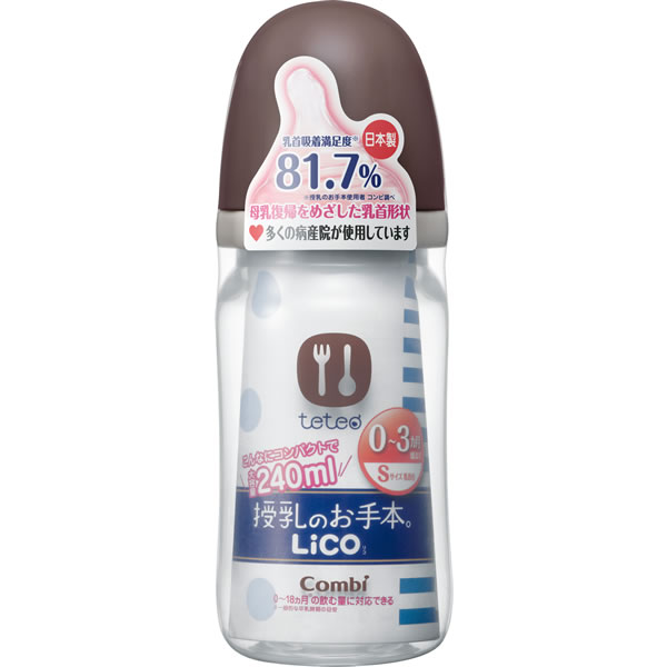 コンビ テテオ 授乳のお手本 LiCO 哺乳びん プラスチック製 モカ 240ml (Sサイズ乳首付) 商品説明 『コンビ テテオ 授乳のお手本 LiCO 哺乳びん プラスチック製 モカ 240ml (Sサイズ乳首付) 』 ●お出かけにも軽くて便利なプラスチック製スタンダード広口哺乳びんです。 ●乳首は、飲むことに慣れていない赤ちゃんにもつぶしやすいよう、やわらかさと先端形状にこだわっています。 ●赤ちゃんのお口に含ませてあげるだけで自然に正しいくわえかたができるよう、角度を付け、上下非対称のカタチにしました。 ●乳孔はひとつひとつの穴をとても小さくし、少しずつゆっくり飲めるようにしてあります。のどに直接あたりにくく、唾液と混ざりやすくなります。 ●煮沸・薬液・電子レンジによる消毒または除菌ができます。 ・セット フード、キャップ、乳首、中ぶた、びん、ニップルピン 【コンビ テテオ 授乳のお手本 LiCO 哺乳びん プラスチック製 モカ 240ml (Sサイズ乳首付) 　詳細】 原材料など 商品名 コンビ テテオ 授乳のお手本 LiCO 哺乳びん プラスチック製 モカ 240ml (Sサイズ乳首付) 原材料もしくは全成分 フード・キャップ・びん・ニップルピン:ポリプロピレン 中ぶた:熱可塑性エラストマー 乳首:合成ゴム(シリコーンゴム) 内容量 1個 販売者 コンビ ご使用上の注意 ・お湯を入れる際、哺乳びんが熱くなります。清潔なタオルを巻くなどしてお使いください。 ・お子さまのそばで調乳することはおやめください。 ・ミルクの温度を必ず確認してから授乳してください。 ・調乳時は、哺乳びんを上下に振らないでください。乳孔からミルクがふき出すおそれがあります。 ・哺乳びんの装着が不完全ですと乳首がキャップから抜けたり飲みものが漏れることがあります。 ・中ぶたをセットした状態で哺乳びんを振ったり、倒したりすると、高温のお湯または飲みものにより哺乳びんの内圧が高まり、漏れやふき出しのおそれがあります。 ・中ぶたを使用した場合でも、横向きや逆さにすると漏れることがあります。 ・落としたり、倒すなど衝撃を与えないでください。製品が破損するおそれがあります。 ・電子レンジ除菌および煮沸消毒後は、製品が高温になります。 ・お子さまは思わぬ動作をしますので、必ず保護者の目の届くところでお使いください。 ・お子さまの手の届かないところに保管してください。 ・火のそばに置かないでください。軟化したり、変形するおそれがあります。 ・びんは、お使いになるたびに、破損・変形が生じていないことを確認してください。万一、生じている場合はすぐに使用を中止してください。びんが割れて、ヤケドやケガをするおそれがあります。 ・フードをつかんで持ち上げたり、振るなどするとフードだけがはずれ、哺乳びんが落下するおそれがあります。 ・必ず洗浄し、消毒または除菌したものをお使いください。はじめてご使用になる前にも、必ず洗浄し、消毒または除菌をしてください。 広告文責 株式会社プログレシブクルー072-265-0007 区分 日本製・ベビー用品コンビ テテオ 授乳のお手本 LiCO 哺乳びん プラスチック製 モカ 240ml (Sサイズ乳首付) ×3個セット