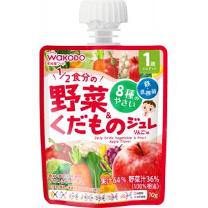 1歳からのMYジュレドリンク　1/2食分の野菜＆くだもの　りんご味 商品説明 『1歳からのMYジュレドリンク　1/2食分の野菜＆くだもの　りんご味』 1歳からのお子さまが自分で飲みやすい、りんご味のジュレタイプ飲料です。1/2食分※の野菜を配合し、8種の野菜と3種のくだもの入り。鉄・乳酸菌（殺菌済み）入り 。香料、着色料不使用。 【1歳からのMYジュレドリンク　1/2食分の野菜＆くだもの　りんご味　詳細】 70g当たり エネルギー 38kcal　 たんぱく質 0.21g　 脂質 0g　 炭水化物 9.2g 　食塩相当量 0.030g　 鉄 0.84mg 原材料など 商品名 1歳からのMYジュレドリンク　1/2食分の野菜＆くだもの　りんご味 原材料もしくは全成分 りんご濃縮果汁（アメリカ製造）、果糖ぶどう糖液糖、にんじん濃縮汁、ぶどう濃縮果汁、赤ピーマン濃縮汁、レモン濃縮果汁、アスパラガス濃縮汁、キャベツ濃縮汁、ブロッコリー濃縮汁、カリフラワー濃縮汁、かぼちゃ濃縮汁、ほうれんそう濃縮汁、殺菌乳酸菌粉末／ゲル化剤（増粘多糖類）、酸味料、乳化剤、ピロリン酸第二鉄 販売者 アサヒグループ食品株式会社 お客様相談室 〒150-0022　東京都渋谷区恵比寿南2-4-1 0120-889283 広告文責 株式会社プログレシブクルー072-265-0007 区分 ベビー用品1歳からのMYジュレドリンク　1/2食分の野菜＆くだもの　りんご味×5個セット