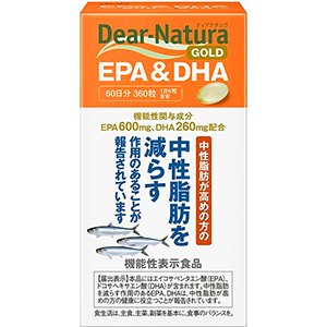 【機能性表示食品】 ディアナチュラゴールド　EPA＆DHA 　360粒(60日分) 商品説明 『【機能性表示食品】 ディアナチュラゴールド　EPA＆DHA 　360粒(60日分)』 中性脂肪が高めの方の 中性脂肪を減らす作用のあることが報告されている EPA、DHAを配合！ ＜届出表示＞ 本品にはエイコサペンタエン酸（EPA）、ドコサヘキサエン酸（DHA）が含まれます。中性脂肪を減らす作用のあるEPA、DHAは、中性脂肪が高めの方の健康に役立つことが報告されています。 届出番号：B540 【【機能性表示食品】 ディアナチュラゴールド　EPA＆DHA 　360粒(60日分)　詳細】 一日摂取目安量（6粒）当たり エネルギー 26.54kcal たんぱく質 0.92g 脂質 2.46g 炭水化物 0.18g 食塩相当量 0g 原材料など 商品名 【機能性表示食品】 ディアナチュラゴールド　EPA＆DHA 　360粒(60日分) 原材料もしくは全成分 EPA含有生成魚油、ゼラチン、グリセリン、酸化防止剤（ビタミンE） 内容量 360粒 保存方法 小児の手の届かないところにおいてください。 保管環境によってはカプセルが付着する場合がありますが、品質に問題ありません。 原産国 日本 販売者 アサヒグループ食品株式会社 お客様相談室 フリーダイヤル：0120‐630611 受付時間10時〜17時（土・日・祝日を除く） ご使用方法 1日6粒を目安にかまずに水などとともにお召し上がりください。 ご使用上の注意 一日摂取目安量を守ってください。 体調や体質により、まれに発疹などのアレルギー症状が出る場合があります。 広告文責 株式会社プログレシブクルー072-265-0007 区分 機能性表示食品【機能性表示食品】 ディアナチュラゴールド　EPA＆DHA 　360粒(60日分)　