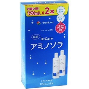 メニコン　O2ケア　アミノソラ　(120mL×2本) 商品説明 『メニコン　O2ケア　アミノソラ　(120mL×2本)』 ■洗浄・保存・タンパク除去が1本ででき、快適なアイライフをサポートします。 ■1本でタンパク汚れも脂質汚れもスッキリきれい！ ■タンパク分解酵素が長く安定する処方で、いつでも新鮮な状態でタンパク汚れを除去します。 ■抗菌成分配合で保存液中の菌の増殖を防ぎます。 ■さらに2種類の界面活性剤が脂質汚れもしっかり洗浄します。 ■タンパク洗浄効果 人工的にタンパク汚れを付着させたコンタクトレンズを「O2ケアアミノソラ」で1回洗浄後、コンタクトレンズに残留している付着タンパク質を画像解析し、除去率（％）を算出しました。 タンパク洗浄効果メニコン社内データ ■脂質洗浄効果 人工的に脂質汚れを付着させたコンタクトレンズを「O2ケアアミノソラ」で1回洗浄後、コンタクトレンズに残留している付着脂質量を定量し、除去率（％）を算出しました。 脂質洗浄効果メニコン社内データ ■手肌にやさしい成分配合 コンタクトレンズをケアする指先は、空気の乾燥や毎日の家事などにより様々な刺激を受けています。 「O2ケアアミノソラ」は、毎日快適にコンタクトレンズをケアしていいただけるよう手肌にやさしい成分を配合しました。 【メニコン　O2ケア　アミノソラ　(120mL×2本)　詳細】 原材料など 商品名 メニコン　O2ケア　アミノソラ　(120mL×2本) 原材料もしくは全成分 陰イオン界面活性剤、非イオン界面活性剤、タンパク分解酵素 内容量 120ml×2本 販売者 メニコン ご使用方法 1．本液を9分目まで入れたレンズケースにレンズを収納します。 2．一晩（4時間以上）保存してください。 ※他のケア用品と混ぜて使わないでください。 3．レンズホルダーごと水道水（流水、以下同じ）ですすぎます。 4．レンズを取り出し、本液で十分にこすり洗いして下さい。 5．再度レンズをホルダーに収納し、水道水でよくすすいでから眼に装着してみてください。 ※眼につけてしみると感じたらレンズをすすぎ直してください。 ※レンズケースは液をすて、水道水でよく洗って自然乾燥させてください。レンズケースは長時間使用すると汚れ等が蓄積するため、定期的に交換してください。 広告文責 株式会社プログレシブクルー072-265-0007 区分 日用品メニコン　O2ケア　アミノソラ　(120mL×2本)×3個セット