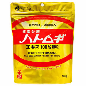 ハトムギエキス100％顆粒 180g 商品説明 『ハトムギエキス100％顆粒 180g』 自然由来の「ハトムギエキス」がカラダの内側から透明感を引き出し、イキイキと美しい毎日をサポートします。ファインのハトムギは独自の「酵素分解法」により抽出・エキス化をしています。成分量にもこだわり、圧倒的な贅沢配合と納得価格を実現しました。 【ハトムギエキス100％顆粒 180g　詳細】 (100gあたり) エネルギー 386kcal たんぱく質 3.1g 脂質 1.1g 炭水化物 90.8g 食塩相当量 0.46g 原材料など 商品名 ハトムギエキス100％顆粒 180g 原材料もしくは全成分 ハトムギエキス末（国内製造） 内容量 180g 保存方法 開封後はお早めにお召し上がりください。 製造国 日本 販売者 ファイン お召し上がり方 ●1日小さじ1〜2杯(2000〜4000mg)をそのままお召し上がりください。 ●お茶やコーヒー、ミルクなどに溶かしますといっそう美味しくお召し上がりいただけます。 ●お料理にもご使用いただけます。 広告文責 株式会社プログレシブクルー072-265-0007 区分 食品ハトムギエキス100％顆粒 180g