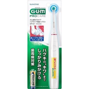 ガム(G・U・M) 歯周プロケア ハグキケア電動ハブラシ SP-01(1本) 商品説明 『ガム(G・U・M) 歯周プロケア ハグキケア電動ハブラシ SP-01(1本)』 ◆敏感なハグキにやさしく、歯とハグキのキワの歯垢を取り除き、歯周病対策に適したみがき方ができる電動ハブラシ(乾電池式)です。 ◆反転式ブラシヘッドで奥歯に届きやすい設計です。 ガム(G・U・M) 歯周プロケア ハグキケア電動ハブラシ SP-01(1本)　詳細 原材料など 商品名 ガム(G・U・M) 歯周プロケア ハグキケア電動ハブラシ SP-01(1本) 原材料もしくは全成分 柄：ポリアセタール／毛：ポリエステル、ポリエーテル、飽和ポリエステル樹脂 内容量 1本 販売者 サンスター ご使用方法 歯やハグキに毛先が軽く触れるようにあてて、ゆっくりと移動させてみがいてください。 セット詳細 電動ハブラシ本体、ハグキケア電動替ブラシ、単3アルカリ乾電池(試供品) ご使用上の注意 ・歯みがき後は毛の根元まで充分洗い落とし、水をよく切って風通しのよい所に保管してください ・変色、変形の恐れがありますので、塩素系殺菌剤、漂白剤、熱湯、精油は使用しないでください ・軽い力で歯にあててください 力の入れすぎは、ハグキを傷つける原因にもなります ・本体の取扱説明書をよくお読みのうえ、正しくお使いください ※カラーをお選びいただくことはできません。予めご了承ください。 原産国 中国 広告文責 株式会社プログレシブクルー072-265-0007 区分 日用品ガム(G・U・M) 歯周プロケア ハグキケア電動ハブラシ SP-01(1本)×10個セット　