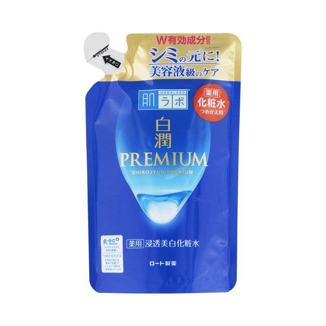 肌ラボ 白潤プレミアム 薬用 浸透美白化粧水つめかえ用 商品説明 『肌ラボ 白潤プレミアム 薬用 浸透美白化粧水つめかえ用』 ◆うるおいと白さへのこだわり「白潤(シロジュン)」シリーズ ◆美白+抗炎症有効成分と、ナノ化ヒアルロン酸(うるおい成分)配合 ◆紫外線ダメージを受けた肌に、角層まで浸透する美容液のような薬用化粧水 ◆シミの元*にアプローチして、うるおい満ちた美白肌へ *メラノサイト ◆ホワイトトラネキサム酸配合(美白有効成分：トラネキサム酸) ◆グリチルリチン酸2K(抗炎症有効成分)配合 ◆ビタミンC誘導体、ビタミンE(整肌保湿成分)配合 ◆2種のヒアルロン酸(うるおい成分)配合 ◆健康な素肌と同じ弱酸性 ◆肌へのやさしさに配慮 ◆無香料・無着色・鉱物油フリー・アルコール(エタノール)フリー・パラベンフリー ◆開けやすい包装！ 肌ラボ 白潤プレミアム 薬用 浸透美白化粧水つめかえ用　詳細 原材料など 商品名 肌ラボ 白潤プレミアム 薬用 浸透美白化粧水つめかえ用 原材料もしくは全成分 有効成分：トラネキサム酸、グリチルリチン酸2K その他の成分：加水分解ヒアルロン酸*(ナノ化ヒアルロン酸)、ヒアルロン酸Na-2*、ビタミンCリン酸Mg(ビタミンC誘導体)、ビタミンE、BG、濃グリセリン、ジグリセリン、ペンチレングリコール、DPG、PEG(30)、PEG-8、水酸化大豆リン脂質、無水クエン酸、エデト酸塩、VP・スチレン共重合体エマルション、ラウリン酸POE(20)ソルビタン、フェノキシエタノール *2種のヒアルロン酸 内容量 170ml 販売者 ロート製薬 544-8666 大阪市生野区巽西1-8-1 ご使用方法 ・洗顔後、手のひらに適量をとり、お肌になじませ、優しく押し込むようにしみこませてください。 ※美白成分の結晶がキャップにつくことがあります。その場合は清潔なガーゼ等で拭き取ってご使用下さい。 ご使用上の注意 ・肌に異常が生じていないかよく注意して使用すること。使用中、又は使用後日光にあたって、赤み、はれ、かゆみ、刺激、色抜け(白斑等)や黒ずみ等の異常が現れた時は、使用を中止し、皮フ科専門医等へ相談すること。そのまま使用を続けると症状が悪化することがある。 ・傷、はれもの、湿疹等、異常のある部位には使用しないこと。 ・目に入らないように注意し、入った時はすぐに水又はぬるま湯で洗い流すこと。なお、異常が残る場合は、眼科医に相談すること。 ・肌に合わないときはご使用をおやめください。 ・使用後は必ずキャップをしめて、なるべく早く使用すること。 ・高温又は低温の場所、直射日光を避け保管して下さい。 ・乳幼児の手の届かないところに保管して下さい。 ・衣服、寝具、家具、床等につかないよう十分ご注意ください。(材質によっては落ちにくいことや変色することがあります。) 原産国 日本 広告文責 株式会社プログレシブクルー072-265-0007 区分 化粧品肌ラボ 白潤プレミアム 薬用 浸透美白化粧水つめかえ用　170ml×10個セット