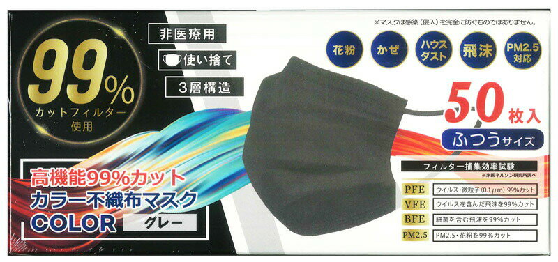 【50箱セット】【1ケース分】 HIRO 高機能99％カットカラー不織布マスク ふつうサイズ グレー 50枚入×50箱セット 1ケース分【正規品】