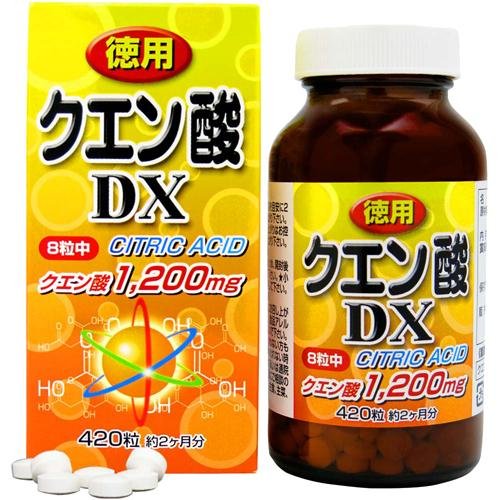 徳用 クエン酸DX粒 420粒 商品説明 『徳用 クエン酸DX粒 420粒』 話題のクエン酸を飲みやすい粒にしました。 クエン酸は健康な体のサイクルであるクエン酸サイクルを正常に働かせ、健康な体が維持できます。 【徳用 クエン酸DX粒 420粒　詳細】 本品8粒（2.0g）中 エネルギー 4.2kcal たんぱく質 0g 脂質 0.04g 炭水化物 1.93g 食塩相当量 0g クエン酸 1,200mg 原材料など 商品名 徳用 クエン酸DX粒 420粒 原材料もしくは全成分 乳糖/クエン酸、セルロース、グリセリン脂肪酸エステル、(一部に乳成分を含む) 内容量 105g（1粒250mg×420粒） 保存方法 直射日光・湿気を避けて、涼しい所で保存してください。 吸湿しやすい成分が含まれているため、開封後はフタをしっかりと締めて保存してください。 製造国 日本 販売者 ユウキ製薬株式会社 ご使用上の注意 開封日を明記し、1個あたり約二ヶ月程度を目安にお召し上がりください。 原材料名をご参照の上、食品アレルギーのある方はお召し上がりにならないでください。 アレルギー体質等まれに体質に合わない方もいますので、お召し上がり後体調のすぐれない時は中止してください。 薬を服用中あるいは通院中の方、妊娠及び授乳中の方は、医師にご相談の上お召し上がりください。 食生活は、主食、主菜、副菜を基本に、食事のバランスを。 お召し上がり方 健康補助食品として、一日7〜8粒を目安に2〜3回に分け、水などと共にお召し上がりください。 空腹時及び一度に大量のお召し上がりは、お控えください。 最初は少量よりお召し上がりください。 広告文責 株式会社プログレシブクルー072-265-0007 区分 健康食品徳用 クエン酸DX粒 420粒×5個セット