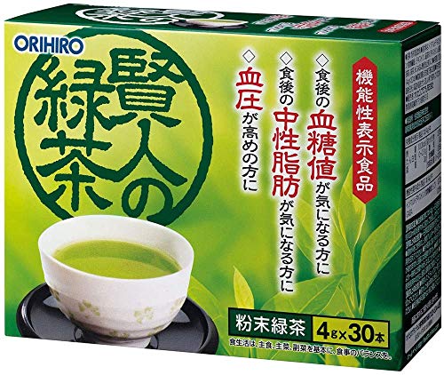 オリヒロ 賢人の緑茶 4g×30本 商品説明 『オリヒロ 賢人の緑茶 4g×30本』 食後の血糖値や中性脂肪が気になる方、血圧が高めの方に 3つの機能性表示をしているスティックタイプの粉末緑茶です。1回使いきりのスティックタイプなので、持ち運びが手軽で様々なシーンでご利用いただけます。 届出番号：E488 届出表示： 本品にはイソマルトデキストリン（食物繊維）が含まれます。イソマルトデキストリンには食後の血糖値の上がりやすい方の食後血糖値上昇や、食後に血中中性脂肪が高めになる方の食後血中中性脂肪上昇を穏やかにする機能が報告されており、食後の血糖値の上昇や血中中性脂肪の高さが気になる方に適しています。 本品にはGABAが含まれています。GABAには血圧が高めの方に適した機能があることが報告されています。 本品は、事業者の責任において特定の保健の目的が期待できる旨を表示するものとして、消費者庁長官に届出されたものです。ただし、特定保健用食品と異なり、消費者庁長官による個別審査を受けたものではありません。 機能性関与成分： イソマルトデキストリン（食物繊維として）　2.13g GABA　12.5mg 【オリヒロ 賢人の緑茶 4g×30本　詳細】 製品1本(4g)中 熱量 10.3kcal たんぱく質 0-0.1g 脂質 0g 炭水化物 3.76g 糖質 1.2g 食物繊維 2.56g 食塩相当量 0-0.01g 原材料など 商品名 オリヒロ 賢人の緑茶 4g×30本 原材料もしくは全成分 イソマルトデキストリン （食物繊維 、 デキストリン、 緑茶末（デキストリン、緑茶、抹茶） 、 抹茶、 米 、 GABA ／酸化防止剤 V.C 内容量 4g×30本 保存方法 お子様の手の届かない所に保管してください。 製造国 日本 販売者 オリヒロ株式会社 ご使用上の注意 ●本品は、事業者の責任において特定の保健の目的が期待できる旨を表示するものとして、消費者庁長官に届出されたものです。ただし、特定保健用食品と異なり、消費者庁長官による個別審査を受けたものではありません。 ●一日摂取目安量をお守りください。 ●原材料をご参照の上、食物アレルギーのある方はご利用を控えてください。 ●色や風味に違いがみられる場合がありますが、品質には問題ありません。 ●体質、体調により一時的にお腹がゆるくなることがあります。 ●降圧剤を服用中の方は、医師、薬剤師に相談してください。 ●開封したスティックは一度に使い切ってください。 ●溶かした後は早めにお召し上がりください。 ●お子様の手の届かない所に保管してください。 ●本品は、疾病の診断、治療、予防を目的としたものではありません。 ●本品は、疾病に罹患している者、未成年者、妊産婦(妊娠を計画している者を含む。)及び授乳婦を対象に開発された食品ではありません。 ●疾病に罹患している場合は医師に、医薬品を服用している場合は医師、薬剤師に相談してください。 ●体調に異変を感じた際は、速やかに摂取を中止し、医師に相談してください。 ●本品記載の使用法・使用上の注意をよくお読みの上ご使用下さい。 摂取方法 お食事の際に1本（4g）、1日1回を 目安に約100mlのお湯や水に溶かしてお召し上がりください 広告文責 株式会社プログレシブクルー072-265-0007 区分 機能性表示食品オリヒロ 賢人の緑茶 4g×30本 ×20個セット