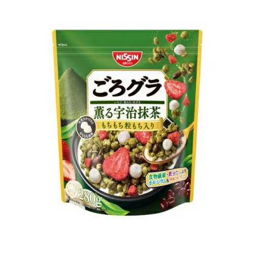 日清シスコ ごろグラ 薫る宇治抹茶 商品説明 『日清シスコ ごろグラ 薫る宇治抹茶』 ◆もちもち粒もち入り！ ◆ごろっとした具材と多彩な食感で心弾むグラノーラ ◆具 スライスいちご、ダイスいちご、小豆、牛乳をかけるともちもち食感に変わる「粒もち」 ◆シリアル 京都産宇治抹茶を使用した具のおいしさが引き立つザクザク食感のシリアル ◆機能 食物繊維・鉄分たっぷり！3分の1日分のカルシウムと9種のビタミン入り。 各種ミルクをかけることでPFCバランスを整えることができる。 日清シスコ ごろグラ 薫る宇治抹茶　詳細 栄養成分　1食(40g)当たり エネルギー 165kcal たんぱく質 2.6g 脂質 4.8g コレステロール 0mg 炭水化物 30.6g 糖質 26.7g 食物繊維 3.9g 食塩相当量 0.30g カルシウム 51mg 鉄 4.2mg ナイアシン 3.0mg パントテン酸 0.60mg ビタミンB1 0.34mg ビタミンB2 0.11mg ビタミンB6 0.40mg ビタミンB12 0.33μg ビタミンC 31mg ビタミンD 2.9μg 葉酸 96μg リン 54mg カリウム 74mg 原材料など 商品名 日清シスコ ごろグラ 薫る宇治抹茶 原材料もしくは全成分 オーツ麦フレーク(オーストラリア製造又はイギリス製造又はその他)、ライ麦シリアルパフ(コーングリッツ、ライ麦粉、小麦粉、その他)、小麦シリアルバフ(大豆を含む)、砂糖、植物油脂、乾燥餅(でん粉、乳糖、粉末水あめ、粉末酒、還元水あめ)、水溶性食物繊維、乾燥いちご加工品、乾燥小豆加工品、乳糖、抹茶(京都産宇治抹茶100％)、デキストリン／クチナシ色素、炭酸カルシウム、加工でん粉、ビタミンC、乳化剤、香料、酸化防止剤(ビタミンE、ビタミンC、ローズマリー抽出物)、トレハロース、ピロリン酸鉄、酸味料、ナイアシン、カゼインNa、パントテン酸カルシウム、ビタミンB6、ビタミンB1、ビタミンB2、葉酸、ビタミンD、ビタミンB12 保存方法 直射日光・高温多湿をおさけください。 内容量 280g 販売者 日清シスコ 品名・名称 シリアル(グラノーラ) アレルギー物質 小麦、乳成分、大豆 ご使用上の注意 ・本製品は、くるみ、卵、落花生を含む製品と共通の設備で製造しています。 ・開封後はチャックを閉め、湿気をさけて保存の上、なるべく早くお召しあがりください。 ・本製品は穀物などを多く使用しています。 ・原料は選別していますが、加工上除去しきれない原料由来の外皮等が残っている場合がありますのでご注意ください。 ・具材の大きさと量は、袋によってばらつくことがあります。 ・抹茶は光や熱によって変色する性質があります。 ・光の当たらない涼しい場所で保存してください。 ・粒もちは牛乳などの水分をふくまないと、もちもち食感になりませんが、そのままでもお召しあがりいただけます。 ・粒もちは水分をふくむことで粘り気がでます。 ・小さなお子様やご高齢の方はのどにつまらせないようにご注意ください。 ・粒もちに、でん粉由来の黒い粒が付着していることがありますが、召しあがってもさしつかえありません。 ・オーツ麦フレークの製造地は2022年1月〜12月の使用実績によるものです。 広告文責 株式会社プログレシブクルー072-265-0007 区分 食品日清シスコ ごろグラ 薫る宇治抹茶　280g